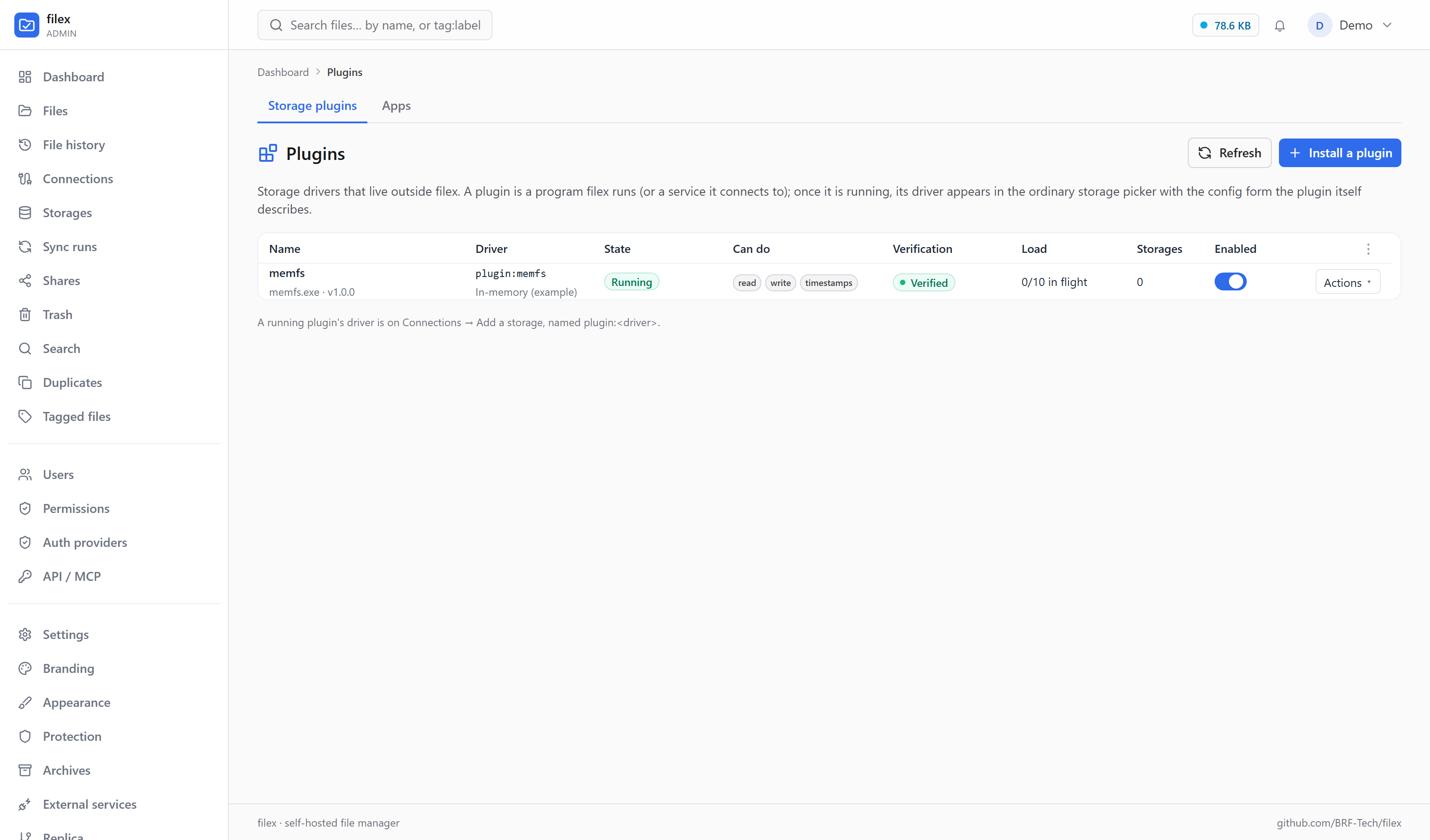 The admin Plugins page listing a running memfs storage plugin. Enlarge.