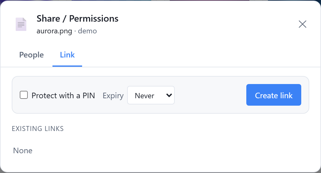 Share modal with PIN and expiry