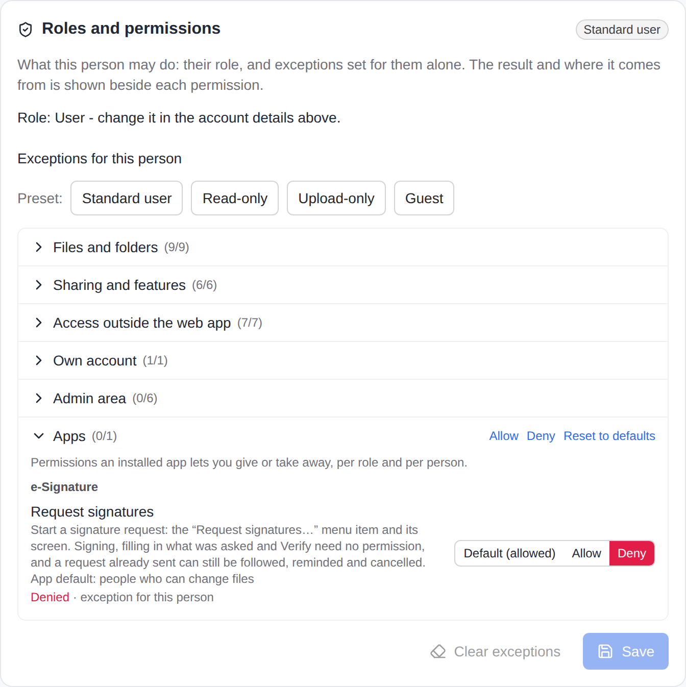 A person's page: their role, and their own exception to an app permission beside the answer and where it comes from