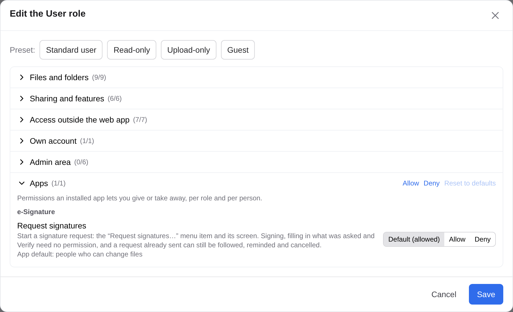 Admin → Roles → the User role: the Apps group, e-Signature's "Request signatures" set to Default (allowed)