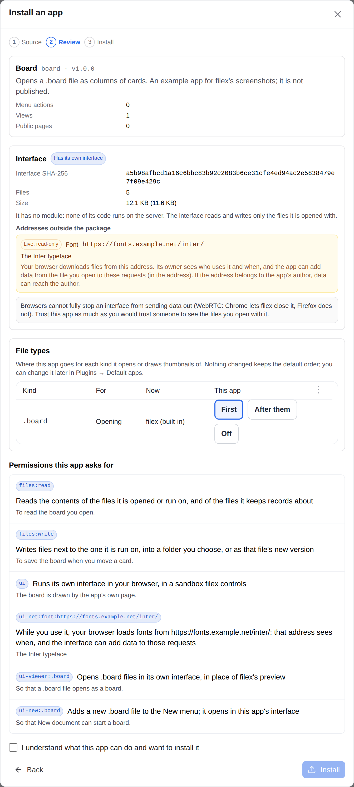 The install review of an app with its own interface
