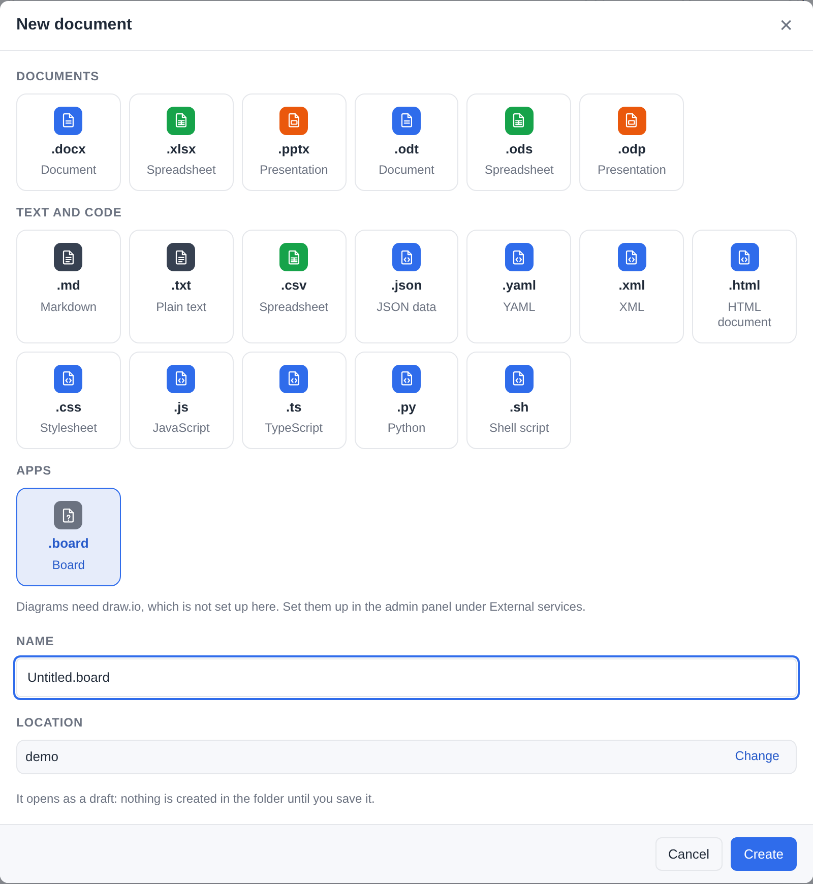 New document offering the app's kind of file