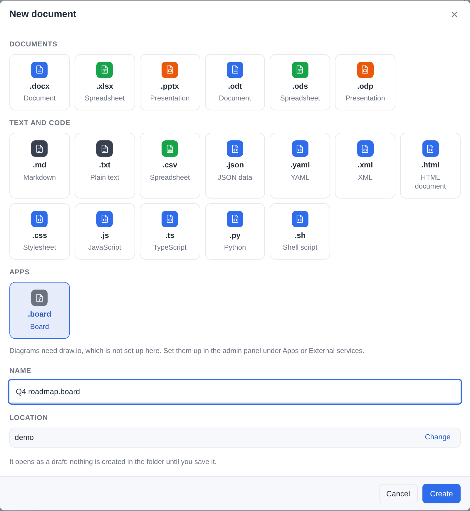 New document offering the app's kind of file