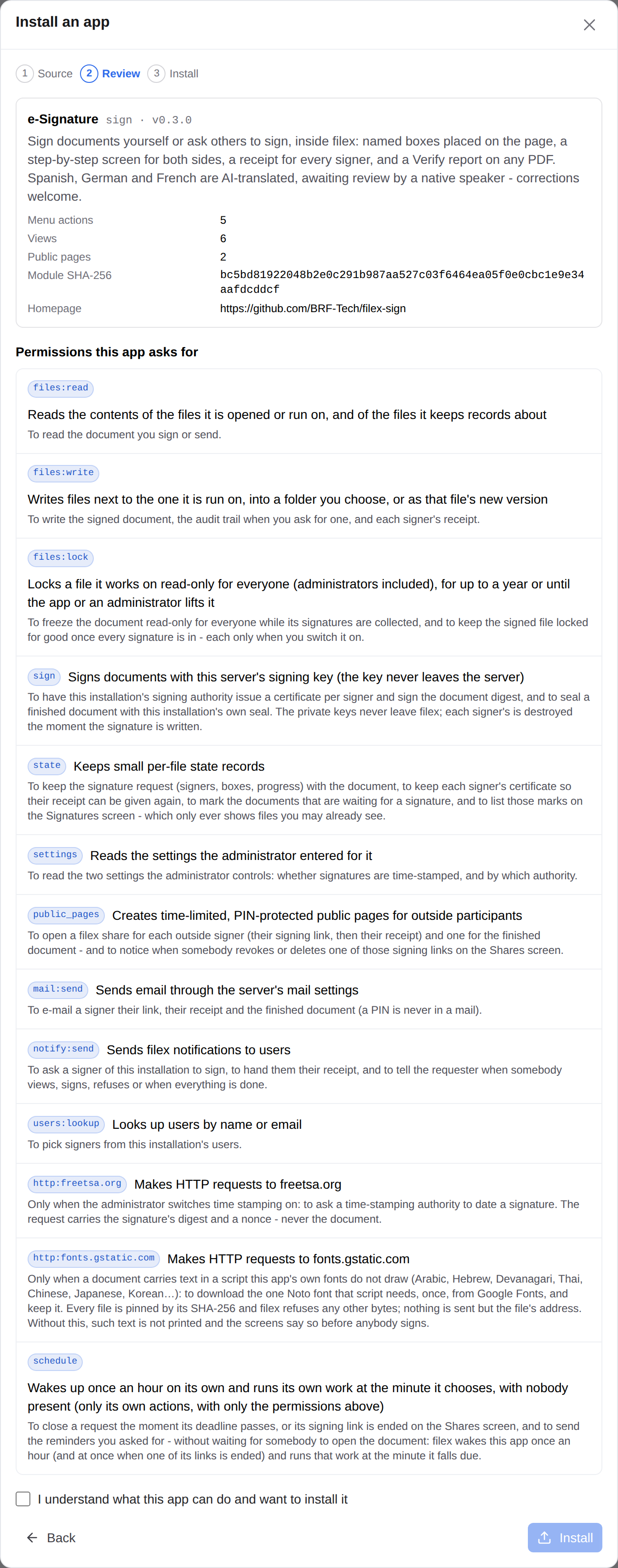 The install wizard's permission review