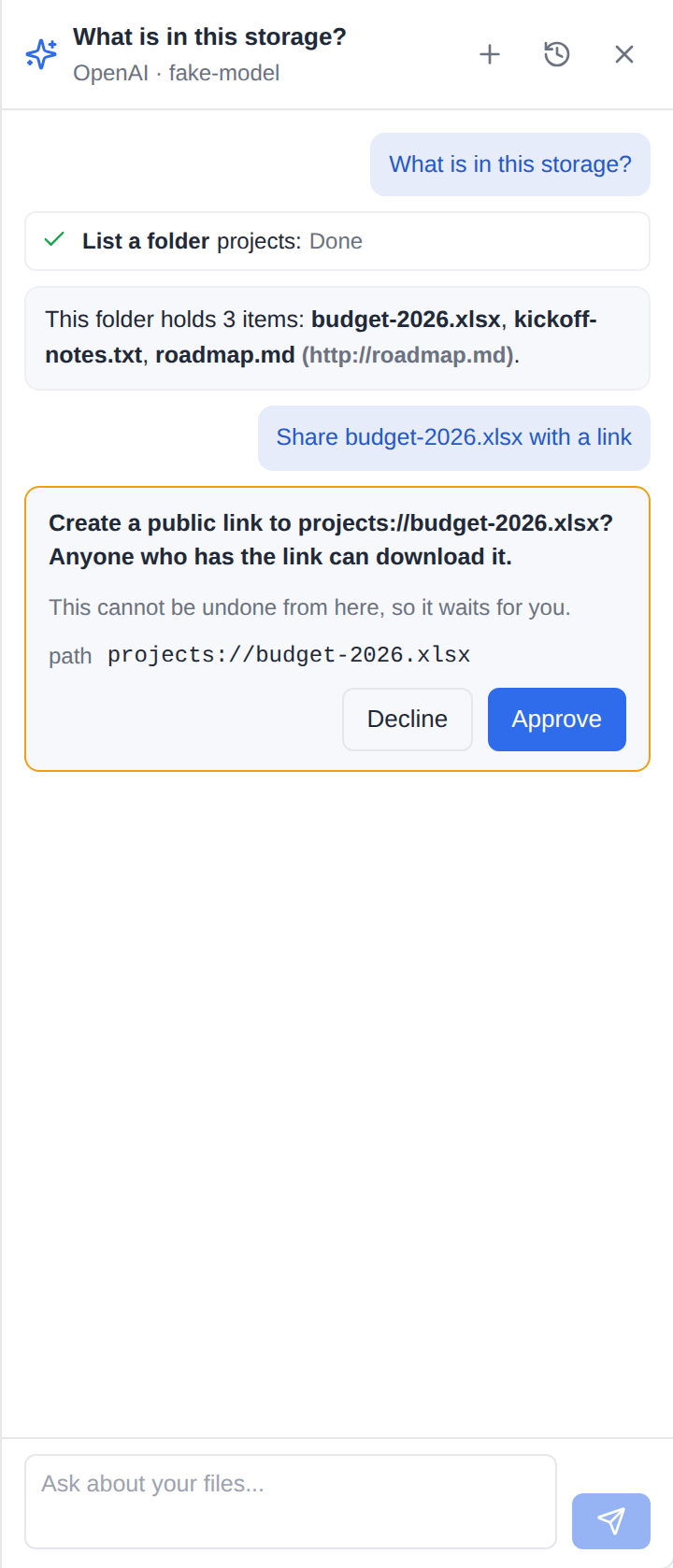 A public link waiting on its approval card: the question, why it waits, the exact arguments, Approve and Decline
