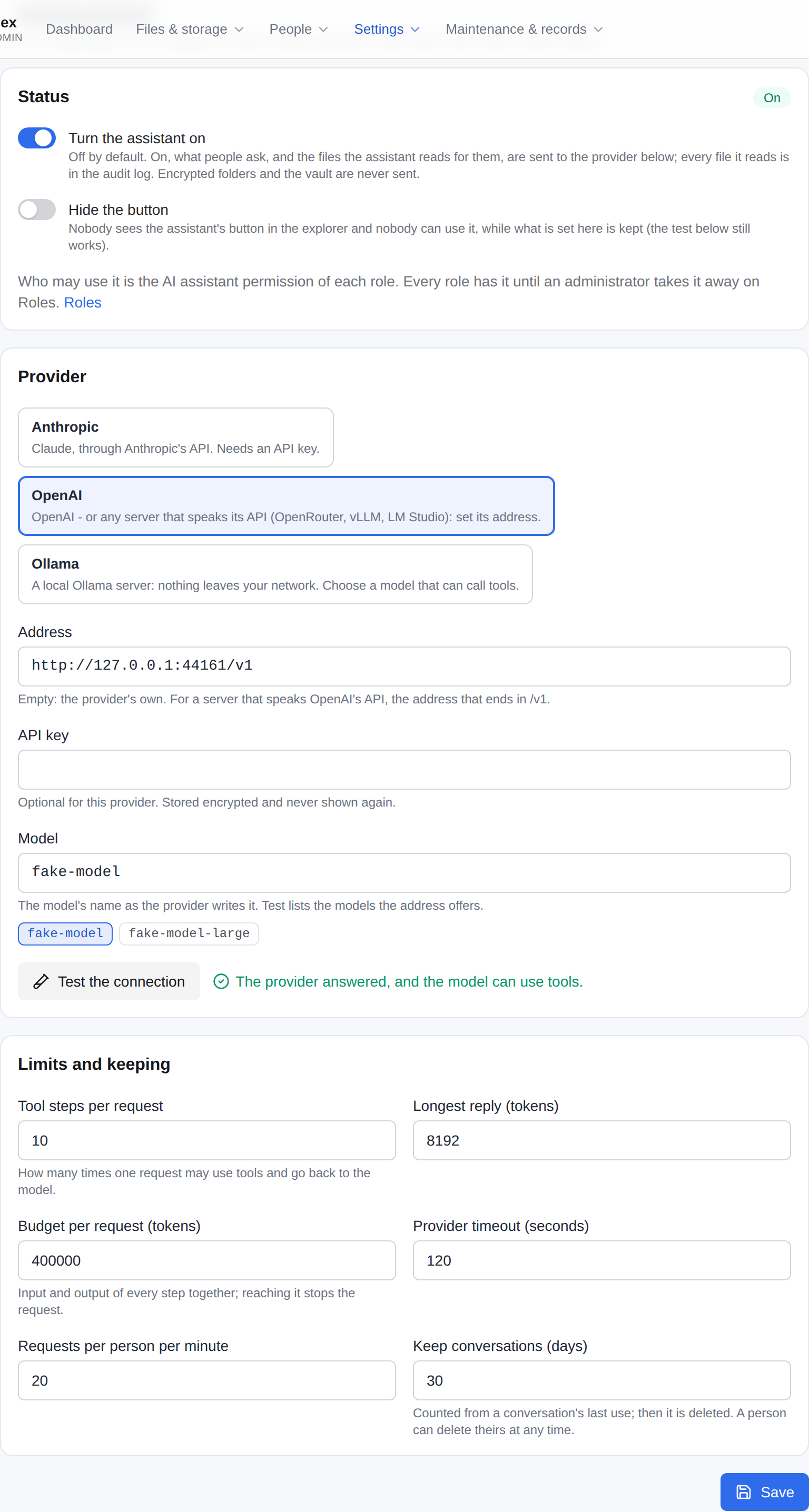 Admin → Settings → AI assistant: the provider, the address, the model, the test's answer and the limits