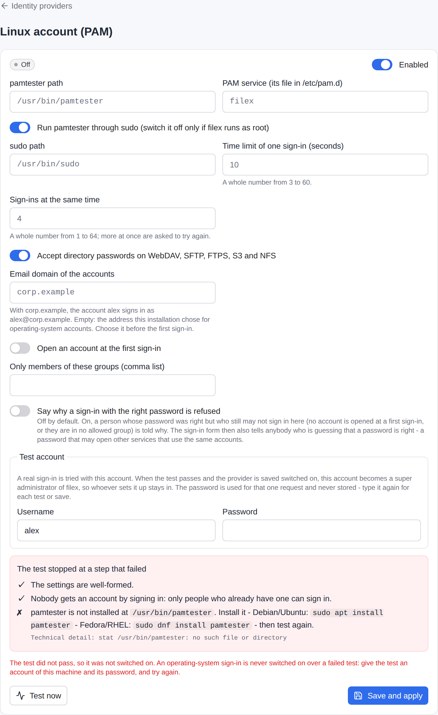 The Linux account (PAM) page, saved switched on with a test account on a server without pamtester: each step of the test, the failed one with the command that fixes it, and the provider left off