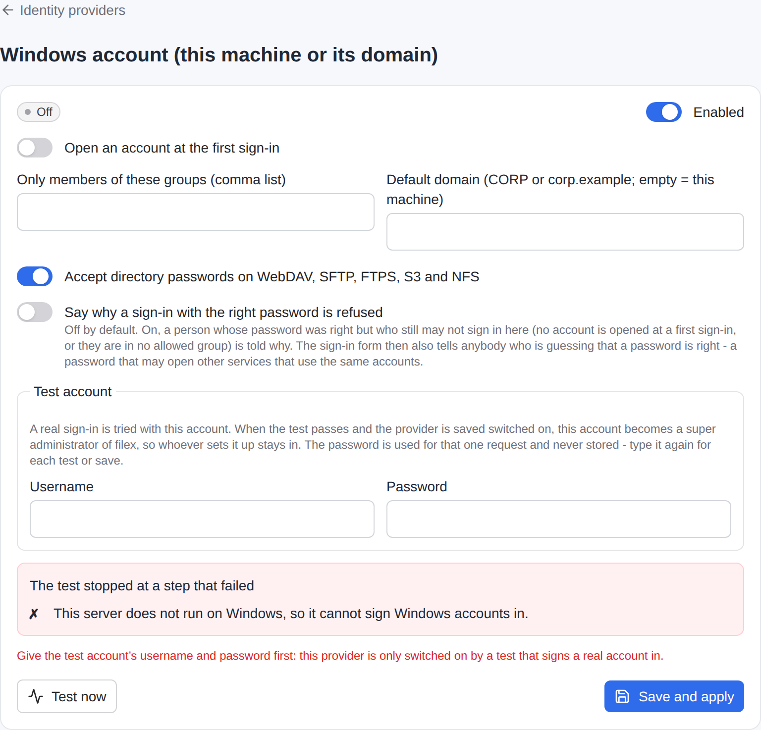 The Windows account page under Admin → Identity providers, on a Linux server: Test now stops at the step that failed, and Save and apply asks for a test account first