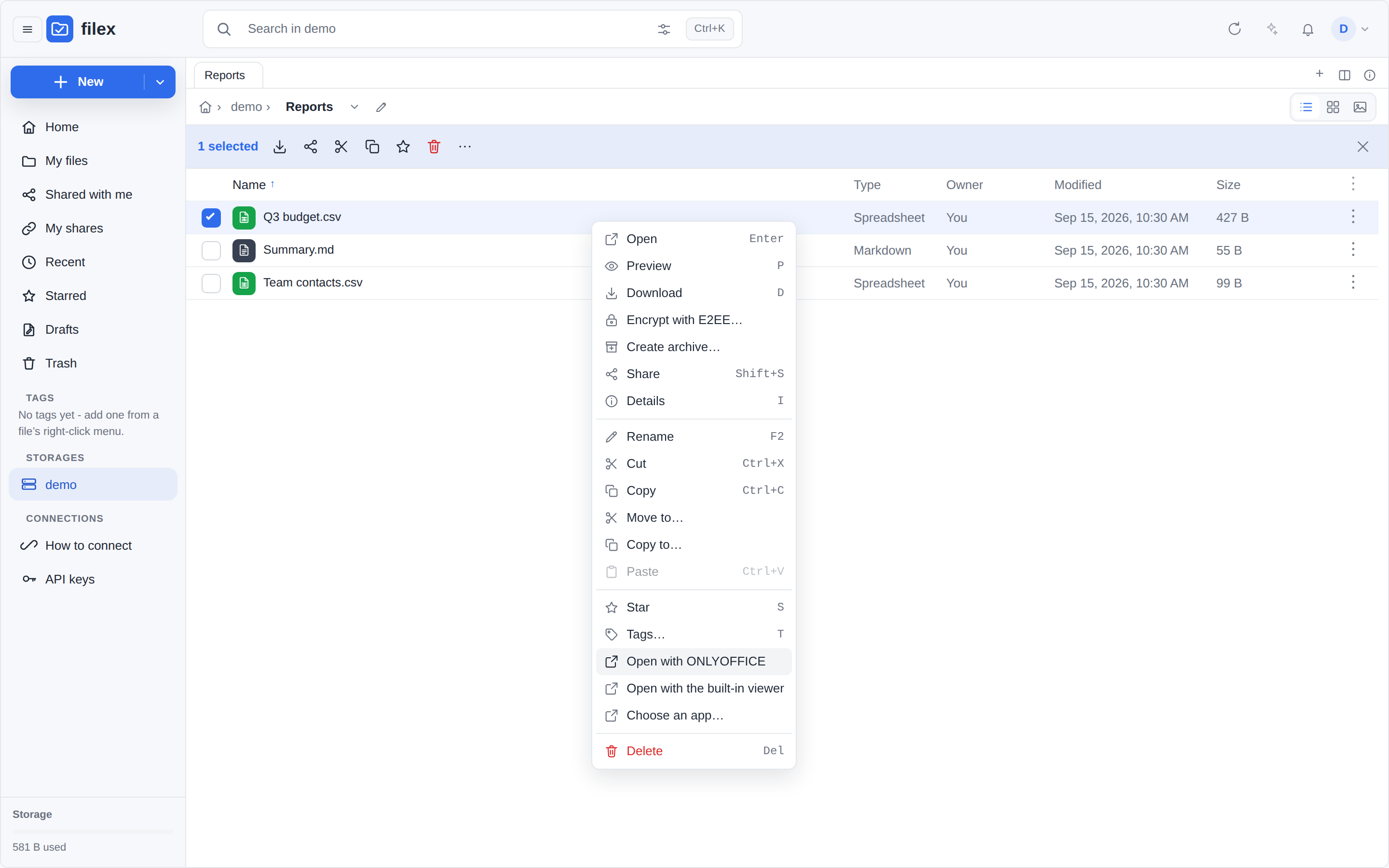 The file menu: Open with ONLYOFFICE, the built-in viewer, Choose an app…