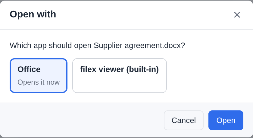 Choose an app… on a file of a folder whose names are encrypted: the app beside filex's viewer, no "Always use this app"