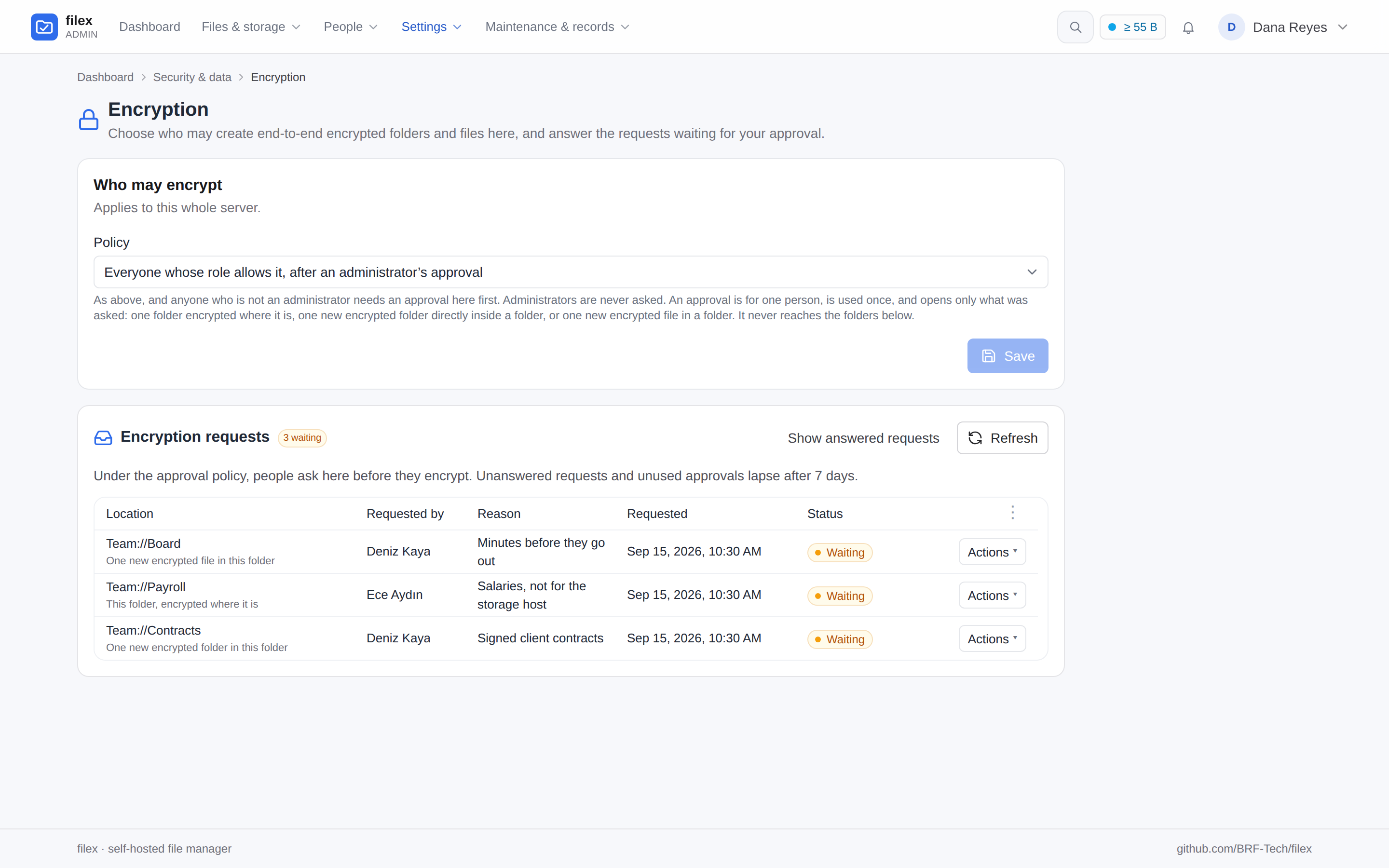 Admin → Encryption: the approval policy and three requests waiting