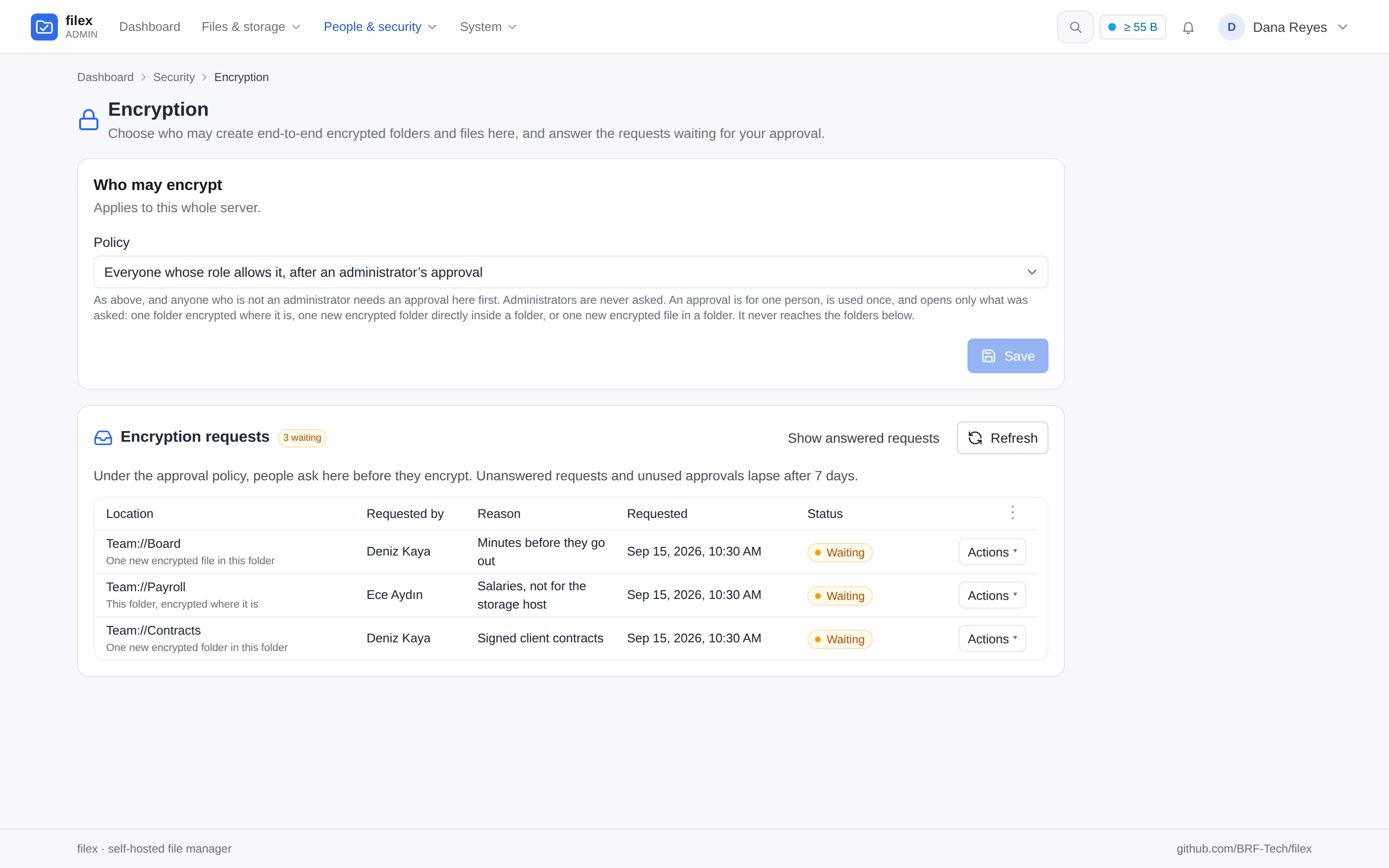 Admin → Encryption: the approval policy and three requests waiting