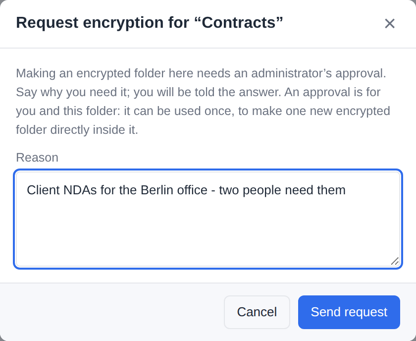 Requesting an encrypted folder from the New folder dialog