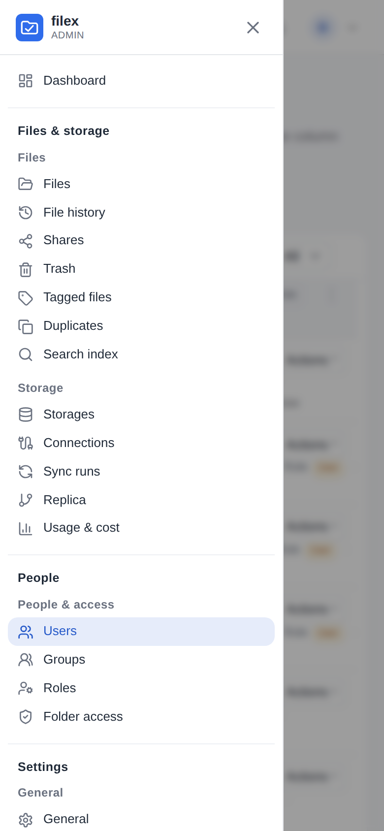 The admin menu's drawer on a 390-pixel phone
