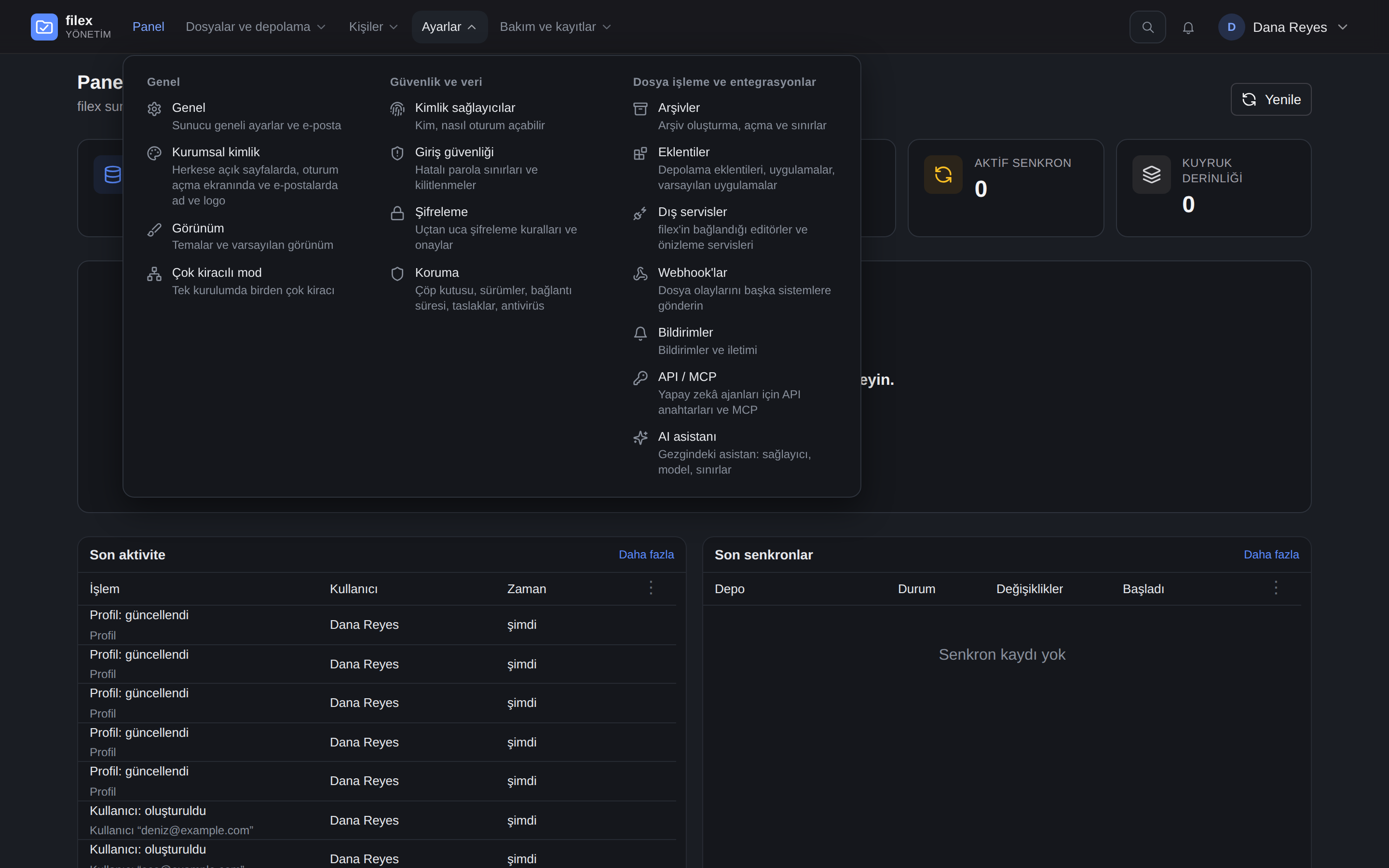 The Settings panel in Turkish, in the dark theme