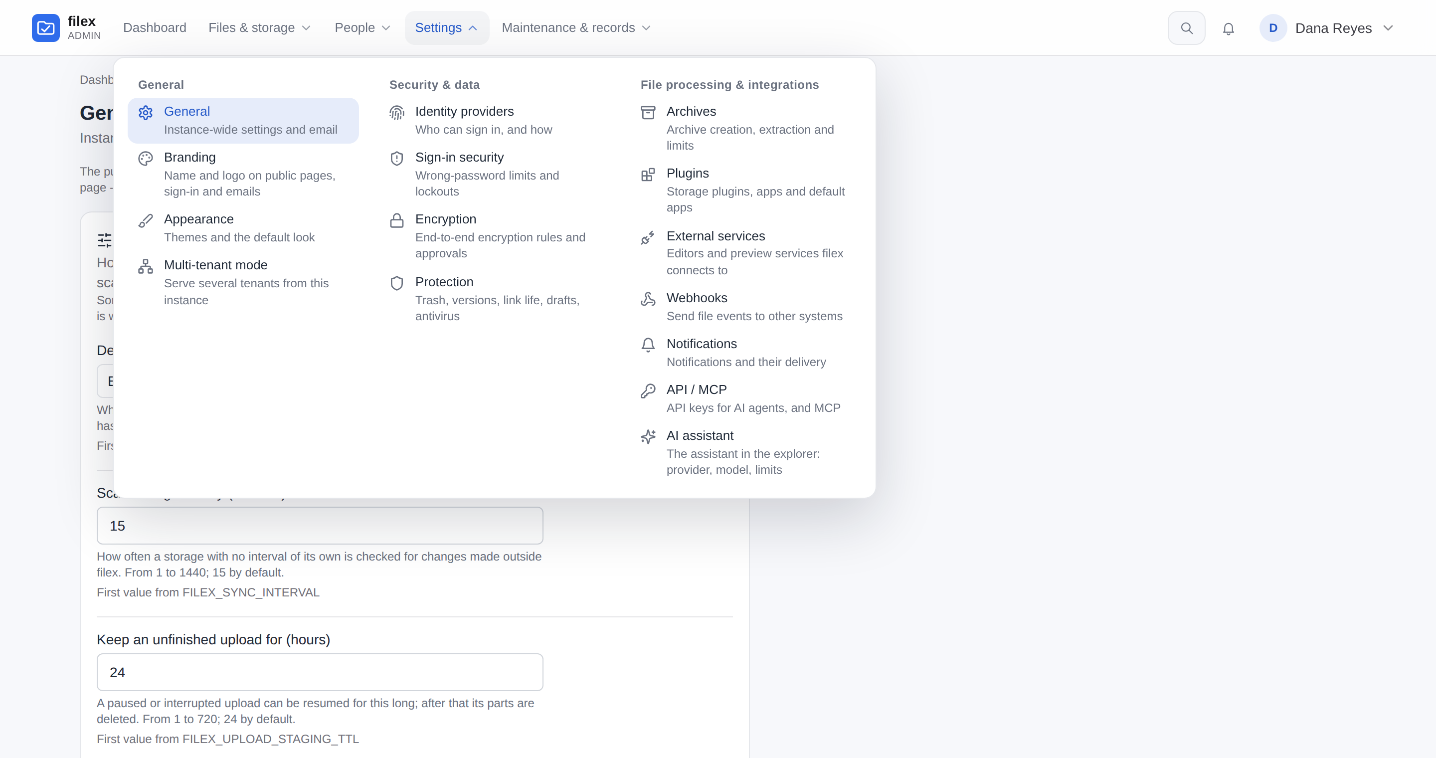 The Settings panel of the admin menu, open over Admin → Settings → General