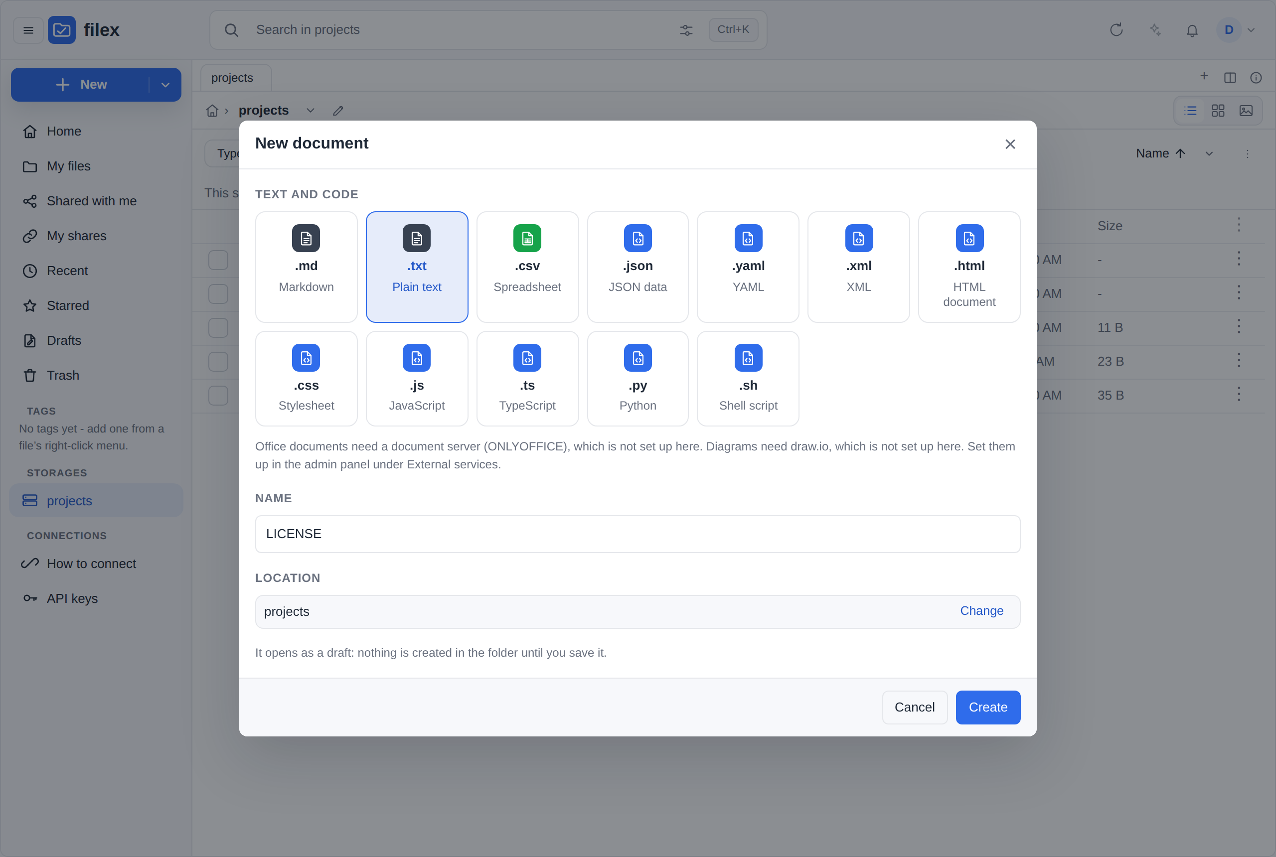 The New document dialog with a Plain text document named LICENSE