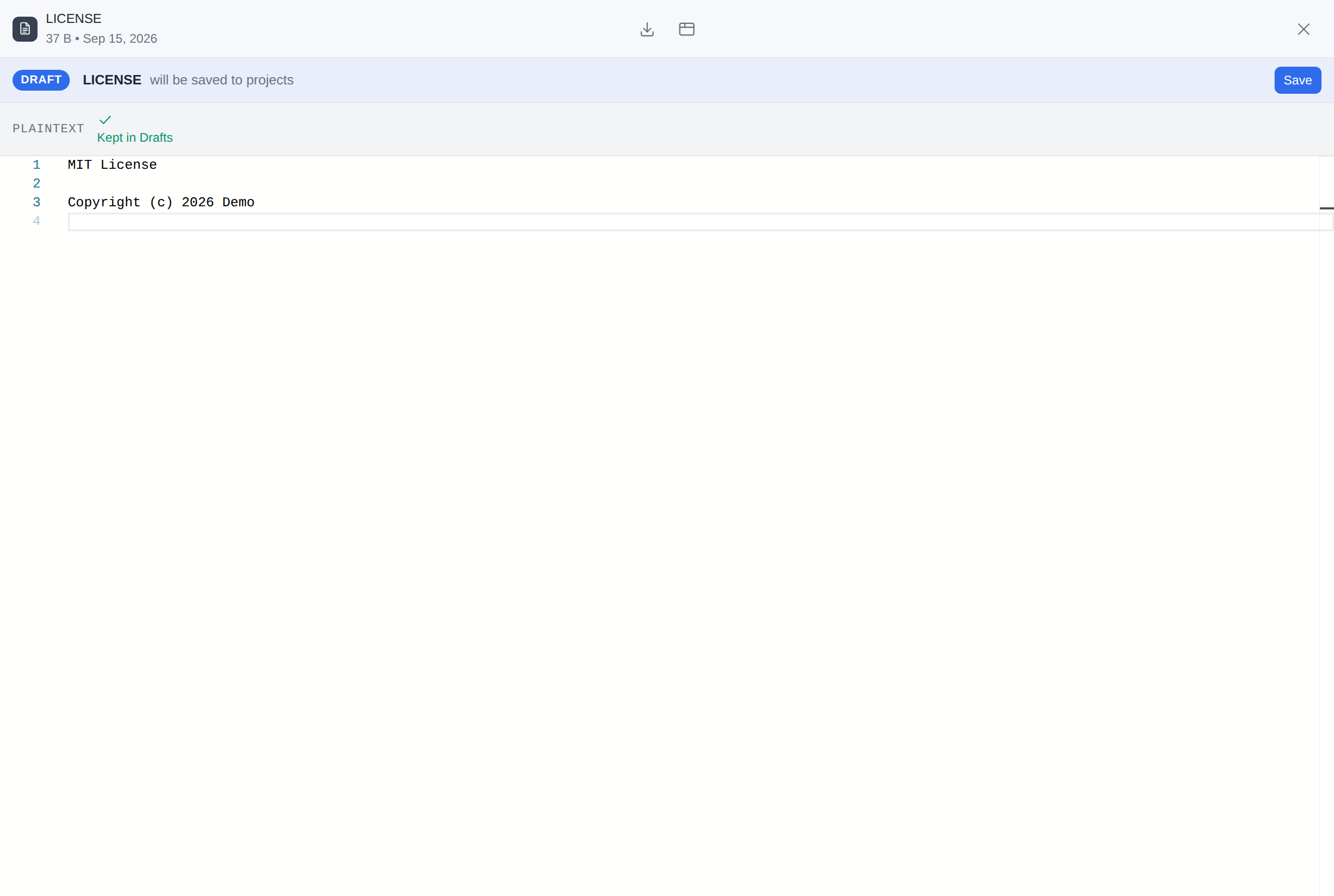 The text editor on a new draft, with the draft bar