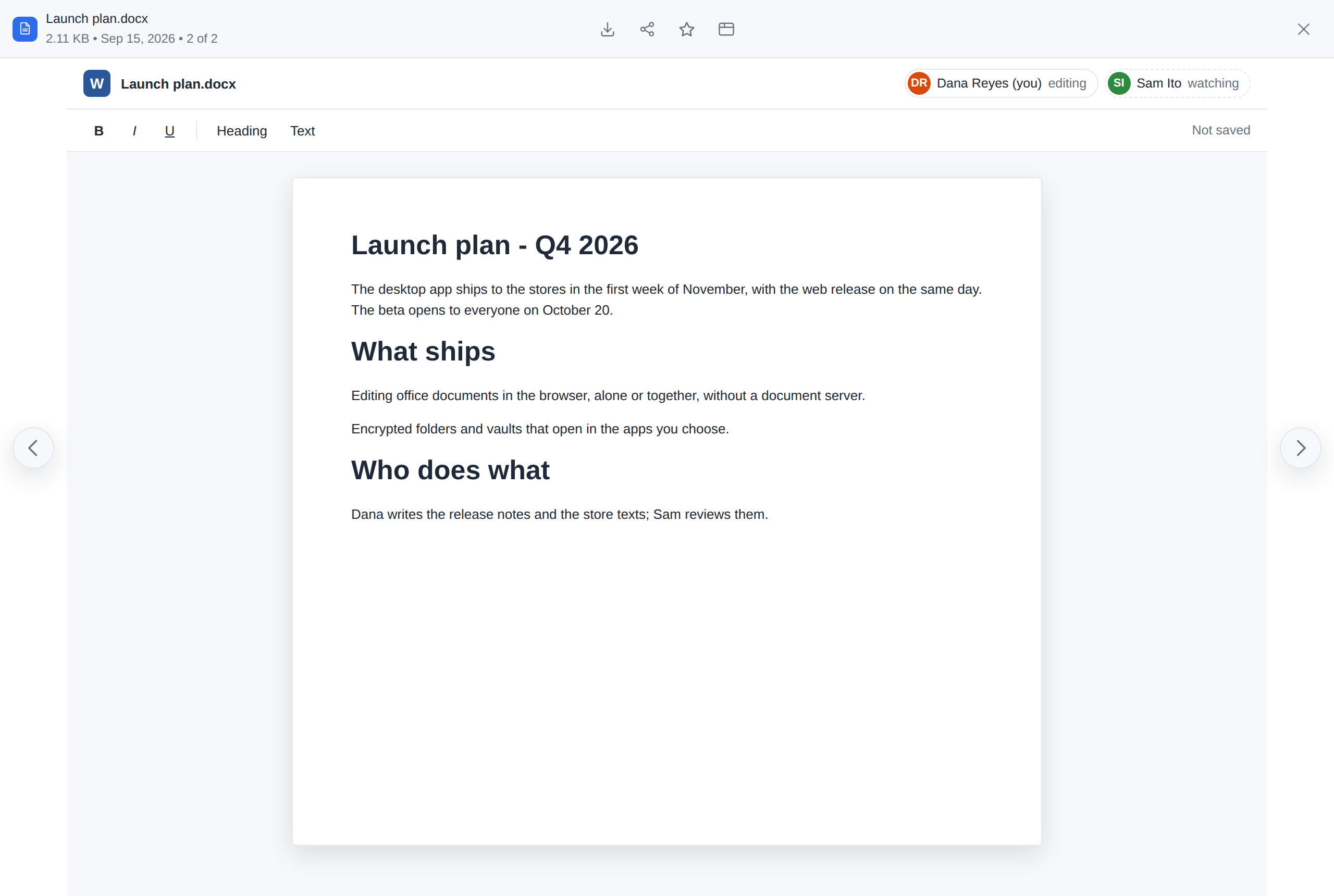 Editing together: the editor's screen, the app listing who is in the document - a second person as a watcher