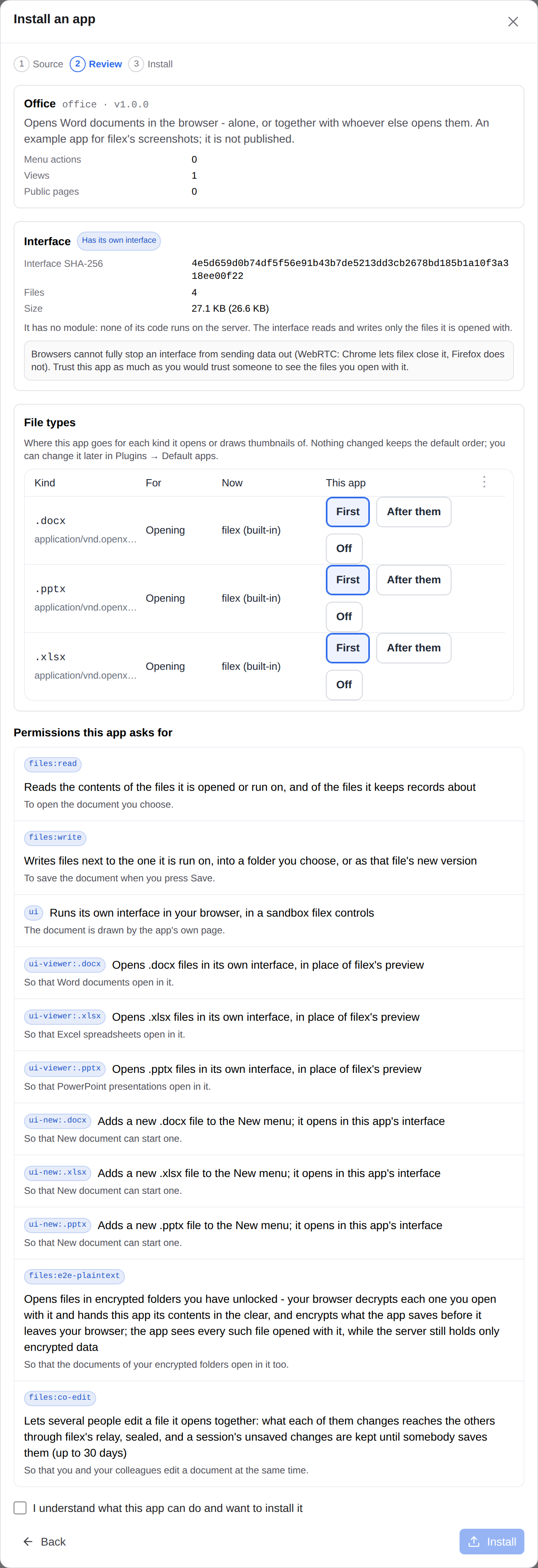 The install review of an app that edits office documents: files:e2e-plaintext and files:co-edit in filex's own words