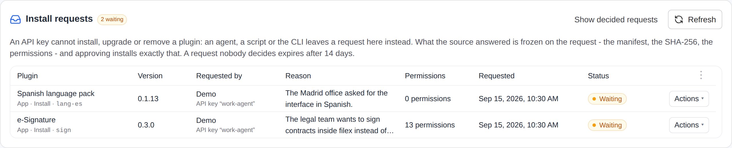 Plugins → Install requests: two requests an agent's API key left