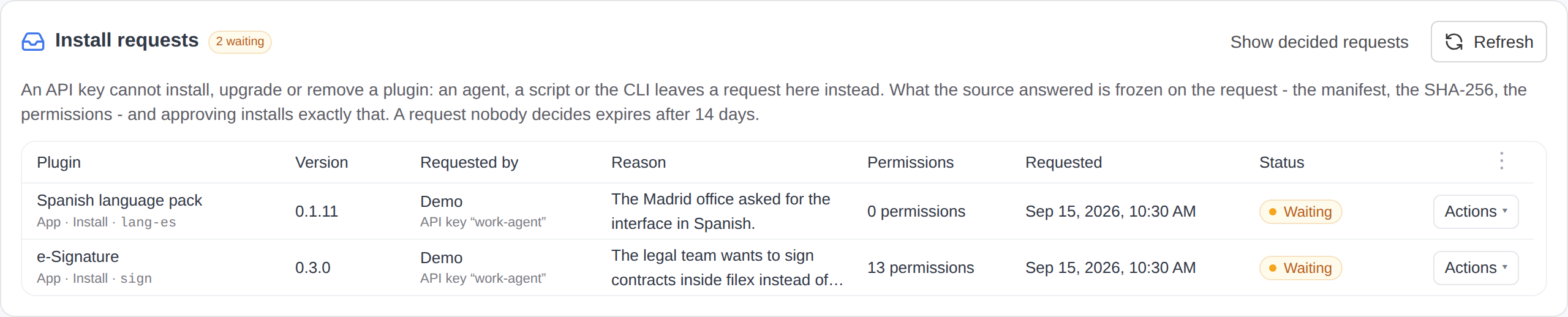 Plugins → Install requests: two requests an agent's API key left
