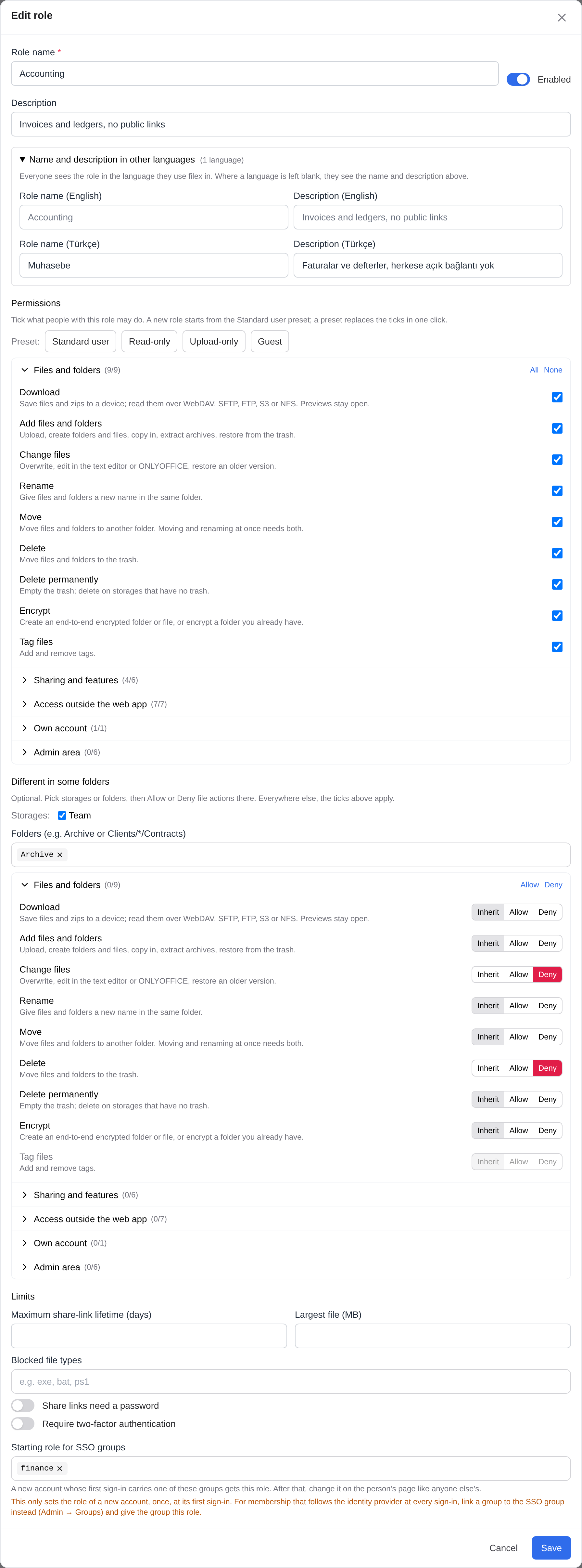 A custom role's editor: its name in Turkish, its permissions, and the folder where it differs