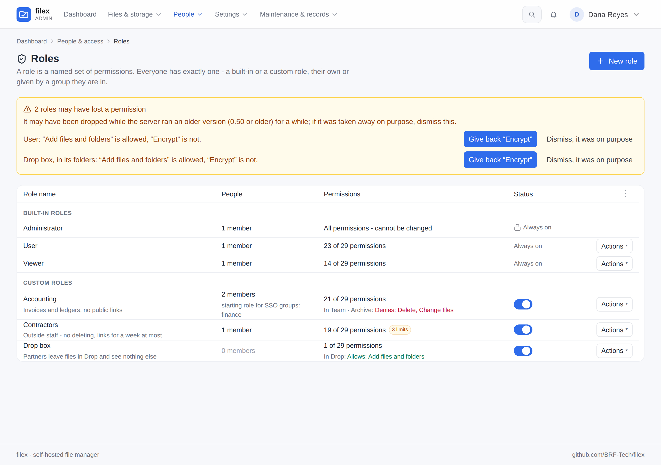 Admin → Roles pointing out the User role and a custom role that may have lost Encrypt