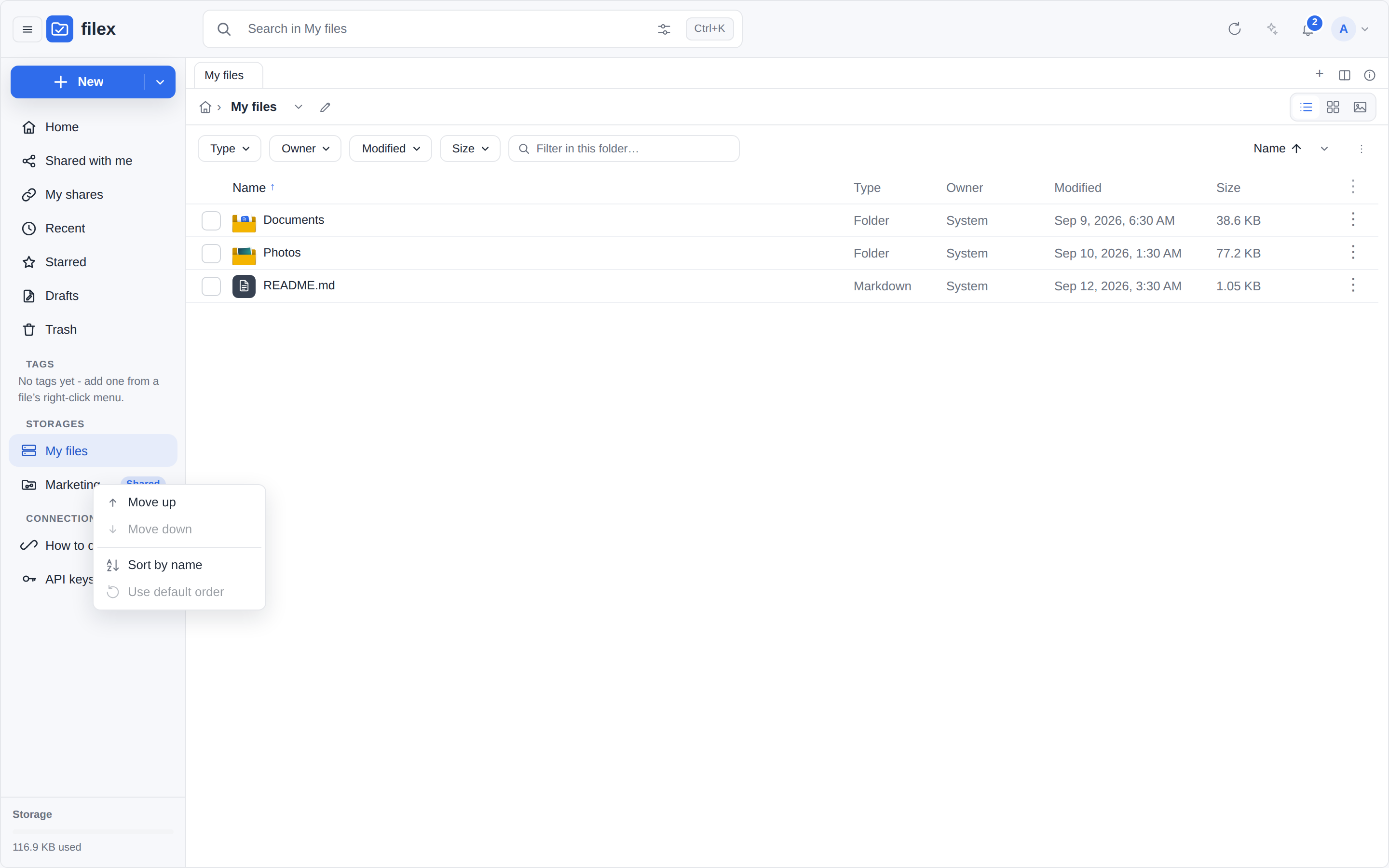 A storage row's order menu in the navigation panel