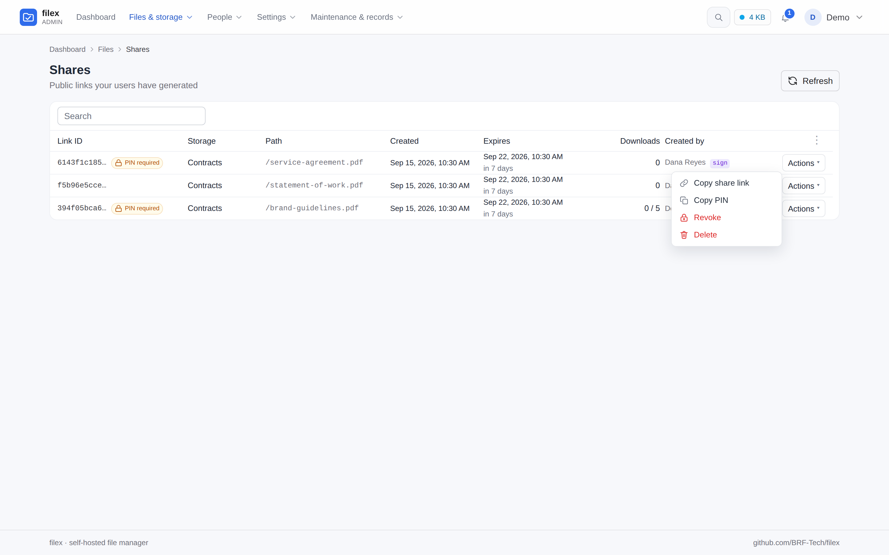 Admin → Shares, a row's Actions menu open