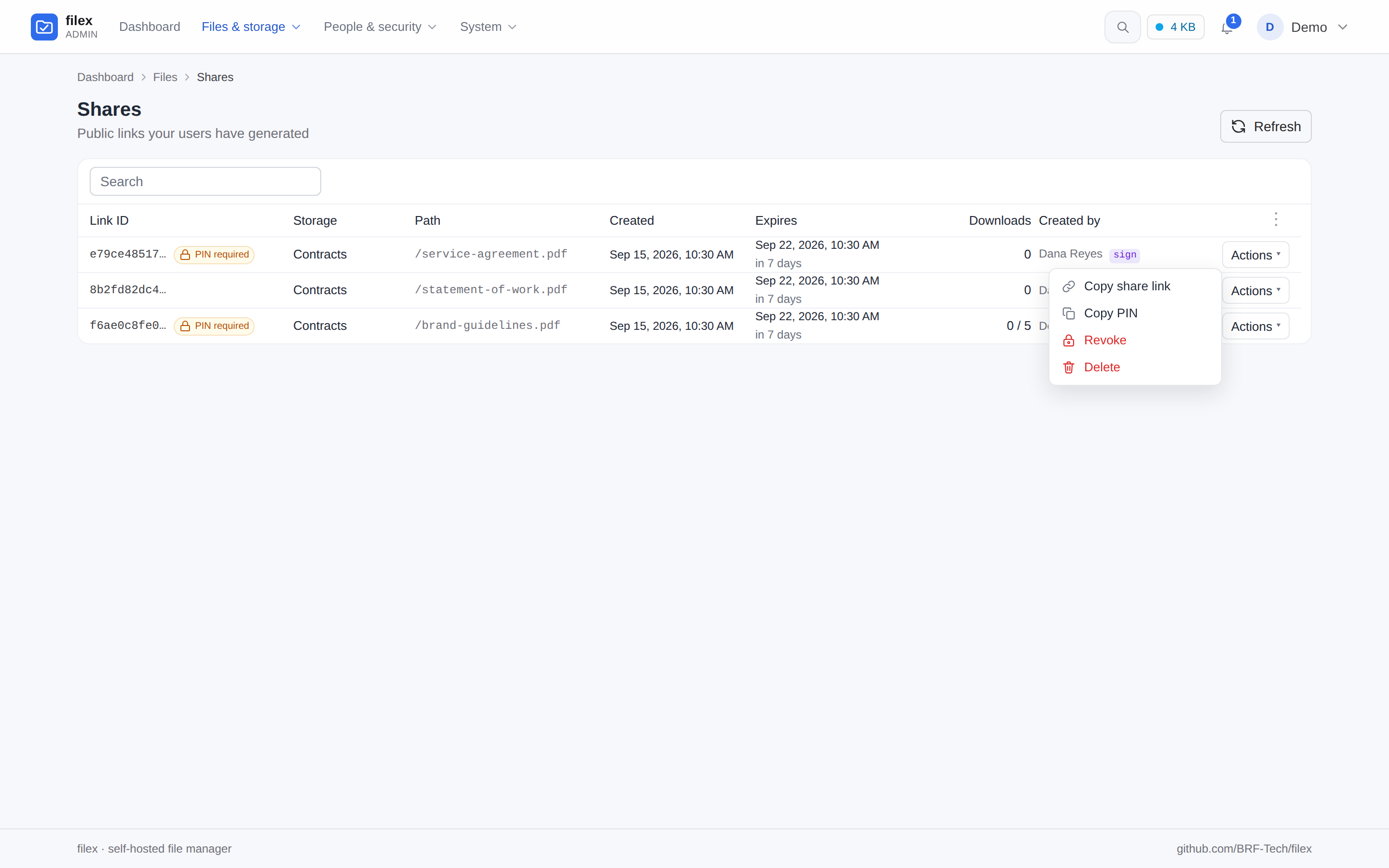 Admin → Shares, a row's Actions menu open
