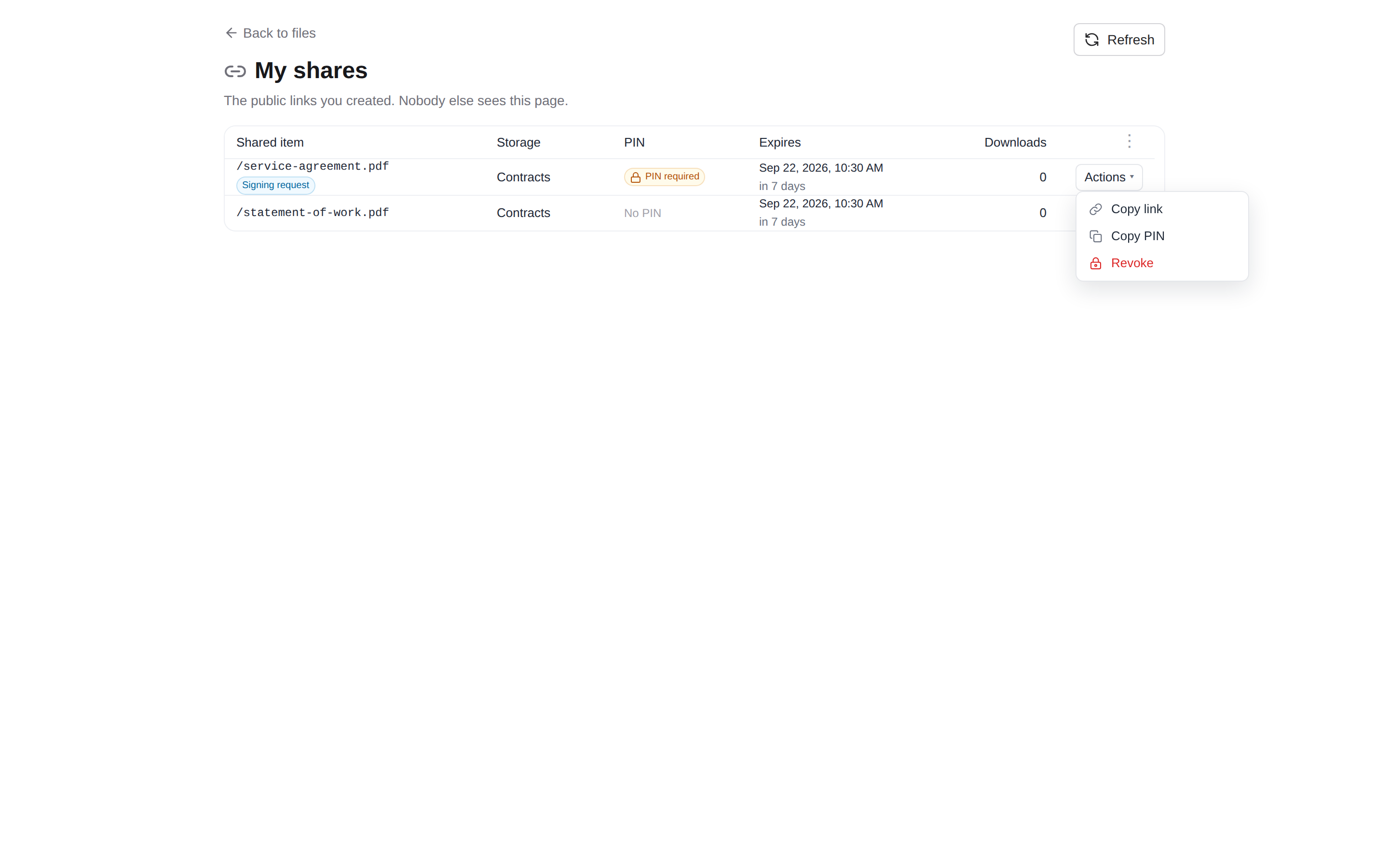 My shares with a row's Actions menu open