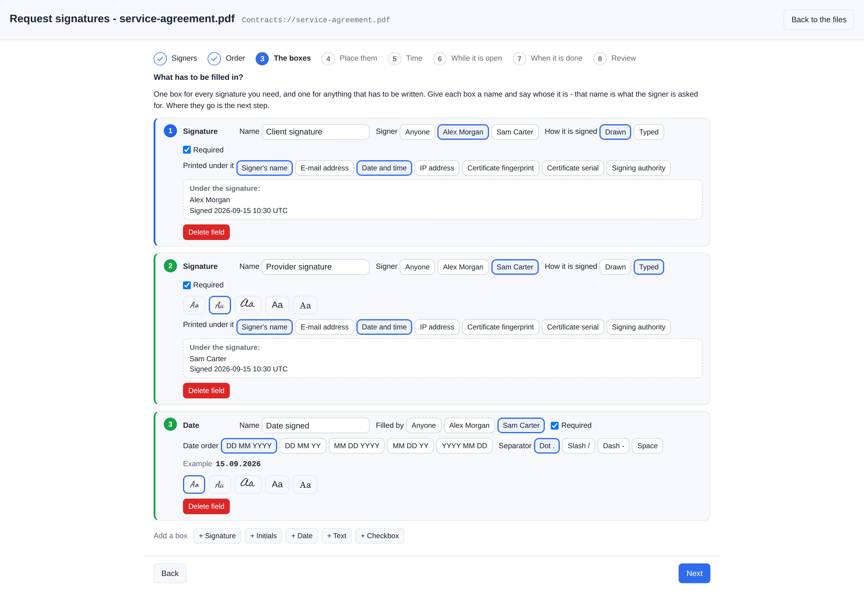 Defining the boxes of a signature request