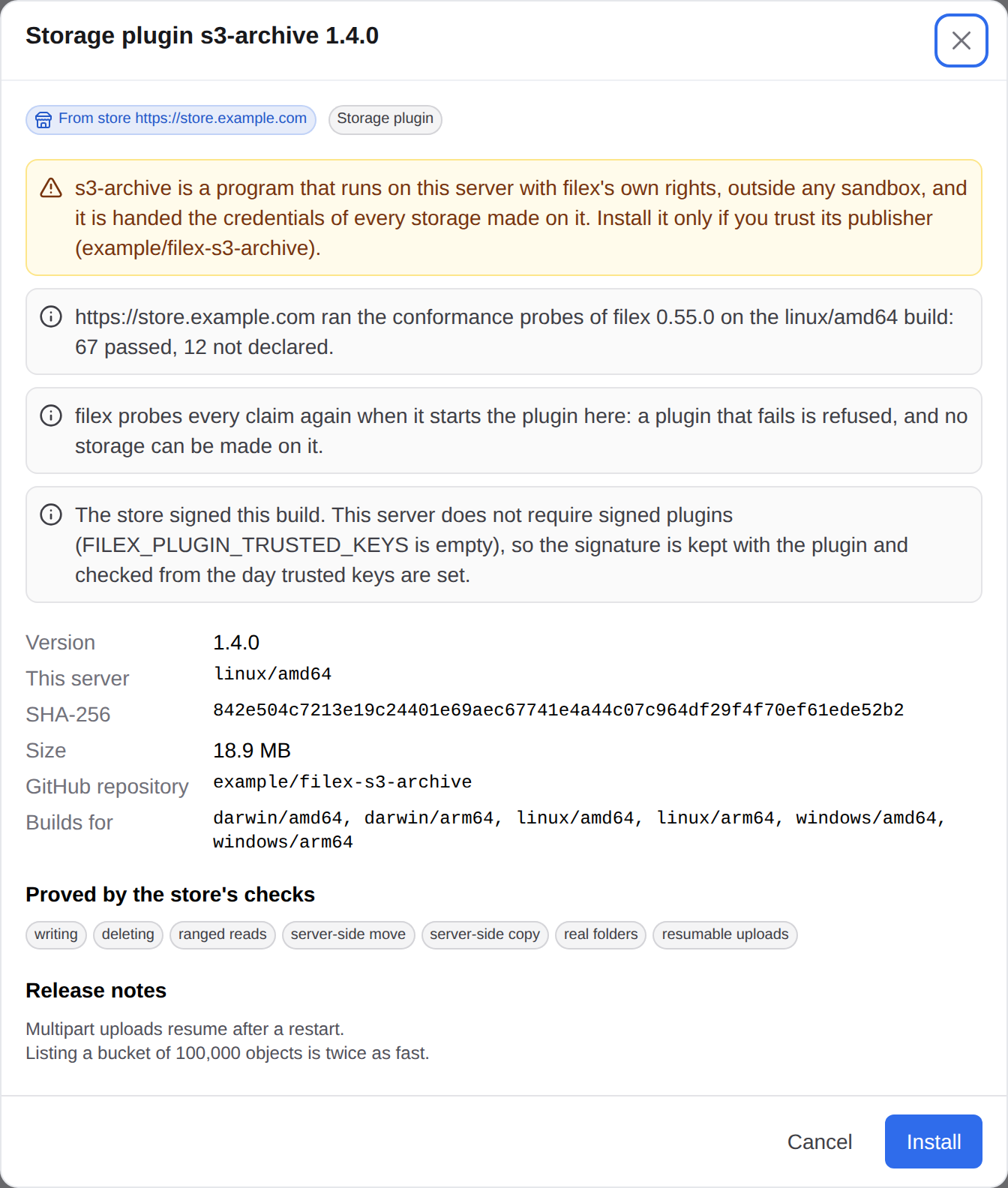 A storage plugin's store review: the server's notices, this server's build and its SHA-256, the capabilities the store's run proved, the release notes