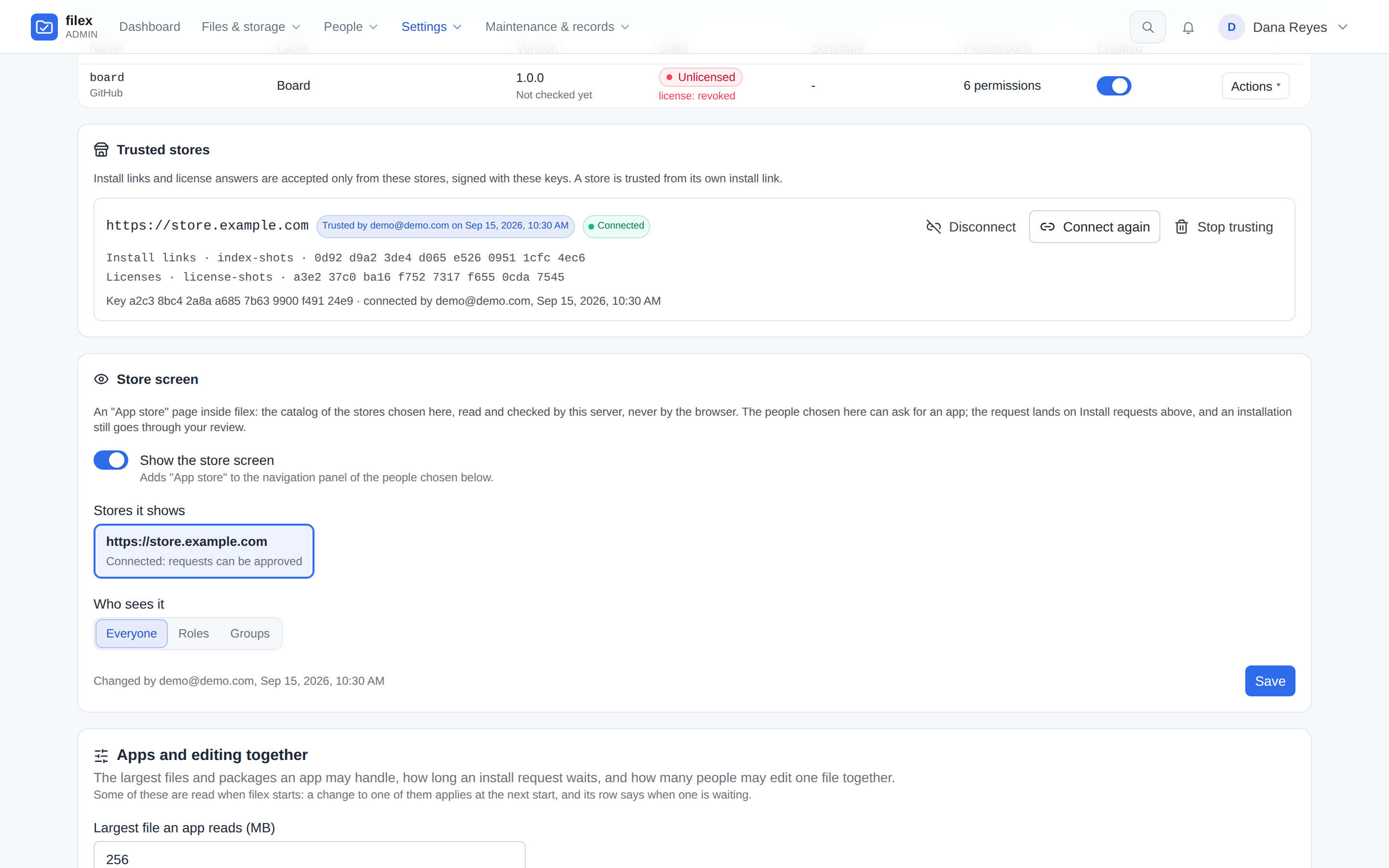 Trusted stores with the store connected, its key's fingerprint, and the Store screen settings under it