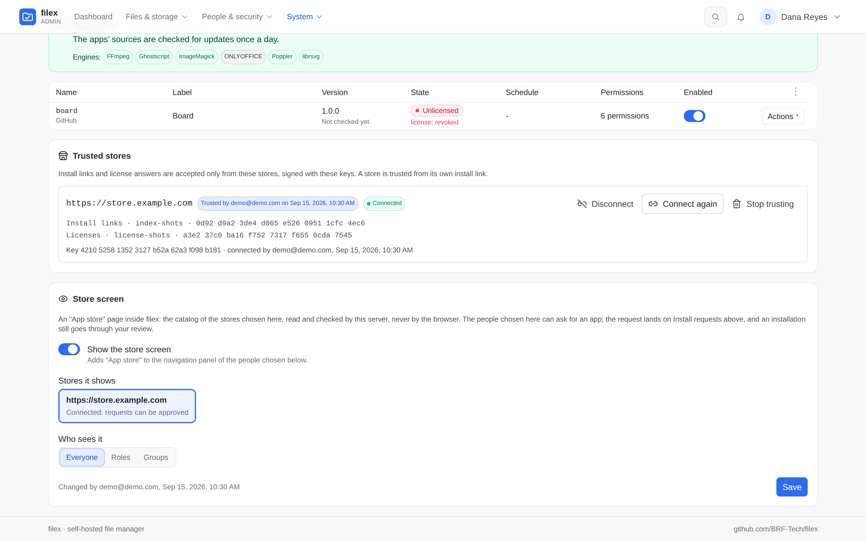 Trusted stores with the store connected, its key's fingerprint, and the Store screen settings under it