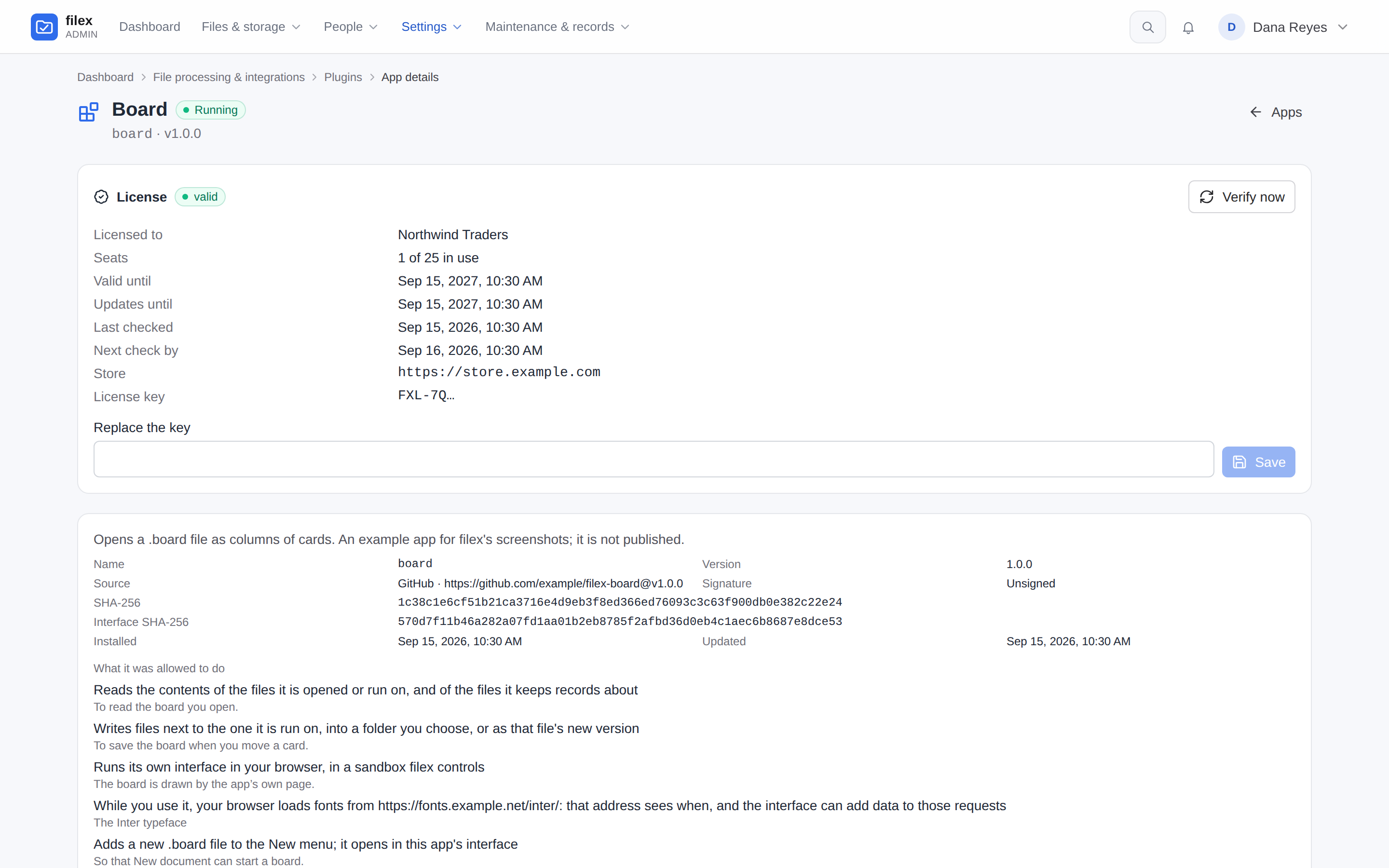 An app's License section: valid, licensed to, seats, dates, the key's prefix