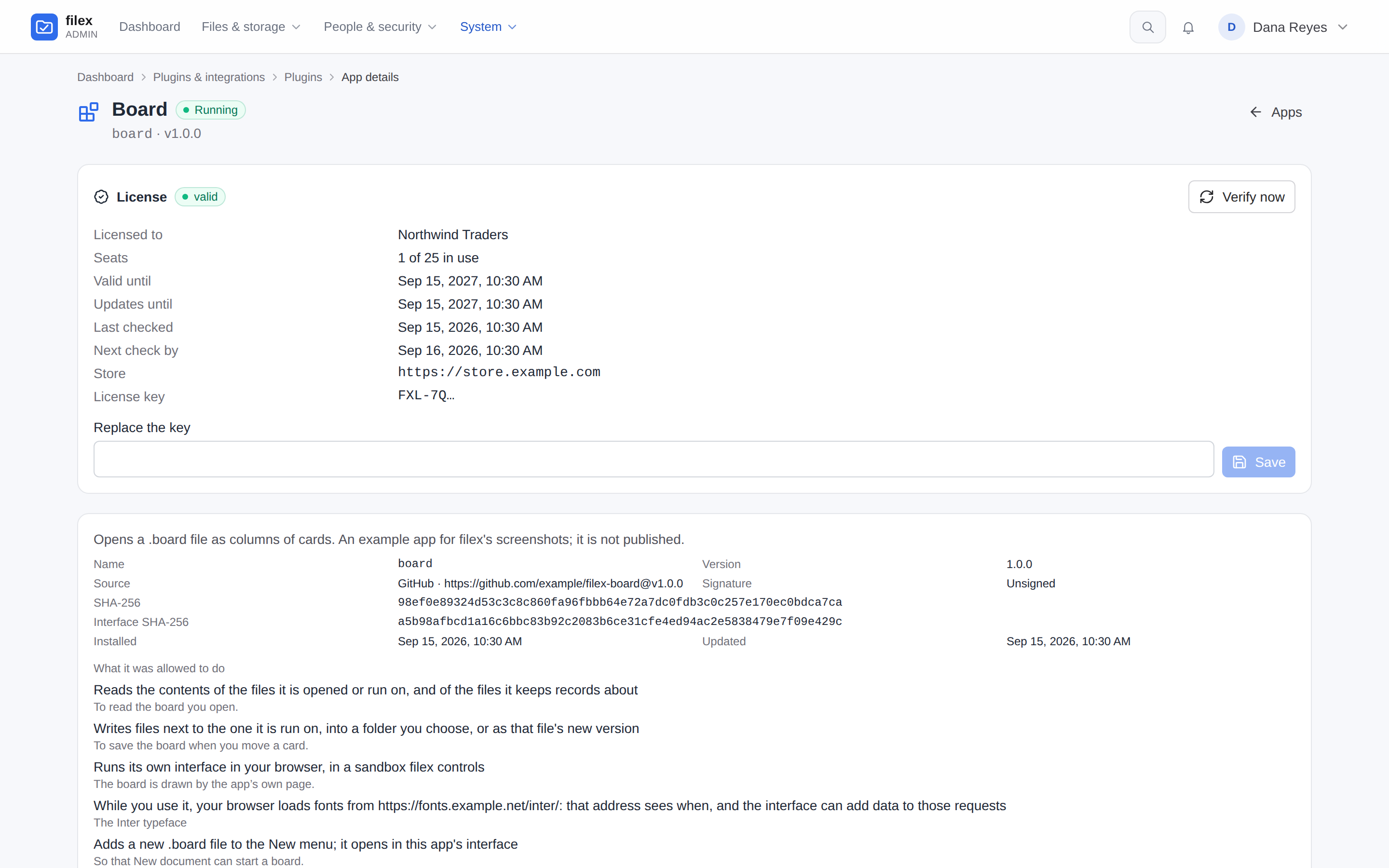An app's License section: valid, licensed to, seats, dates, the key's prefix