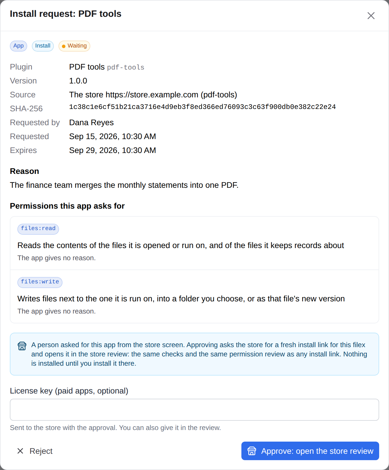 A request from the store screen on Install requests: from the store, Approve opens the store review