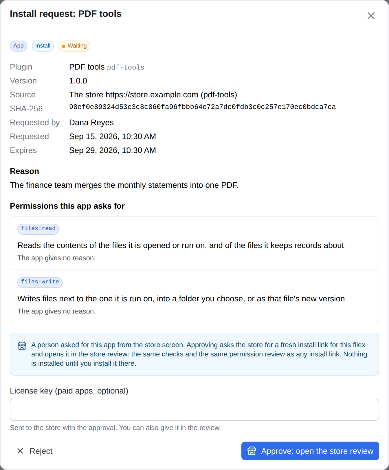 A request from the store screen on Install requests: from the store, Approve opens the store review