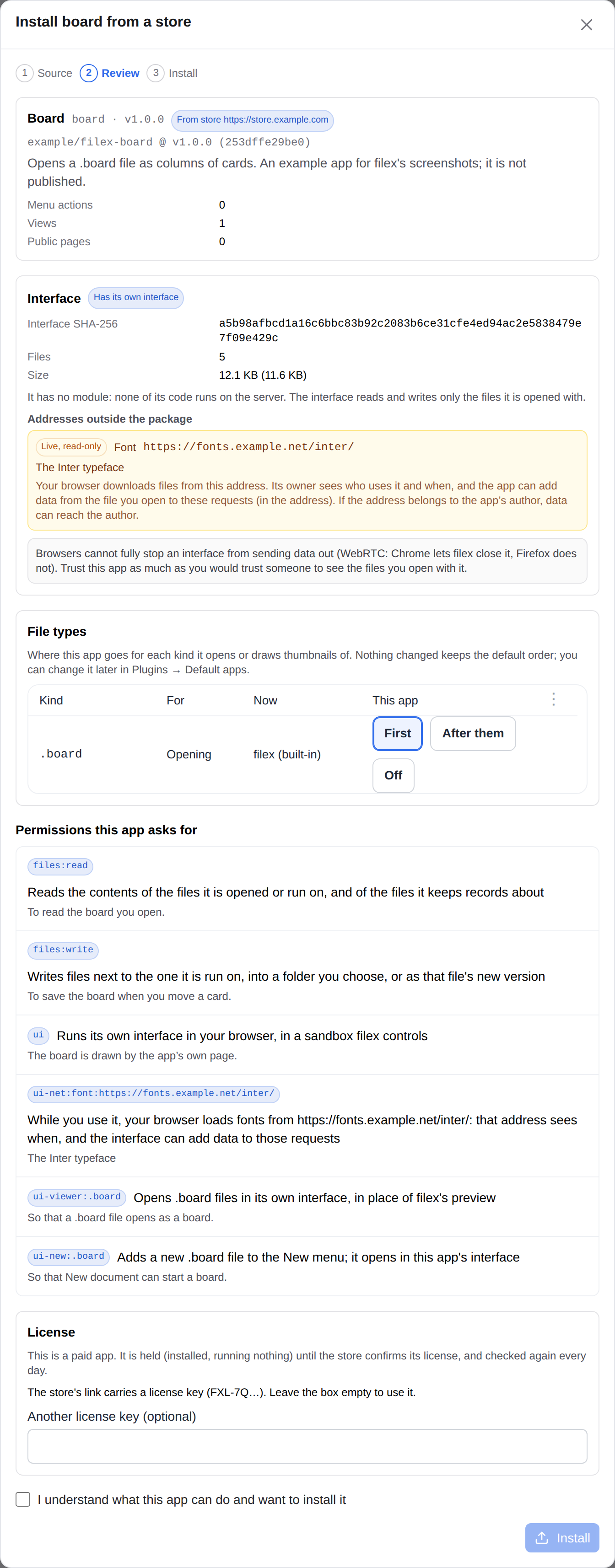 The install review opened from a store's link