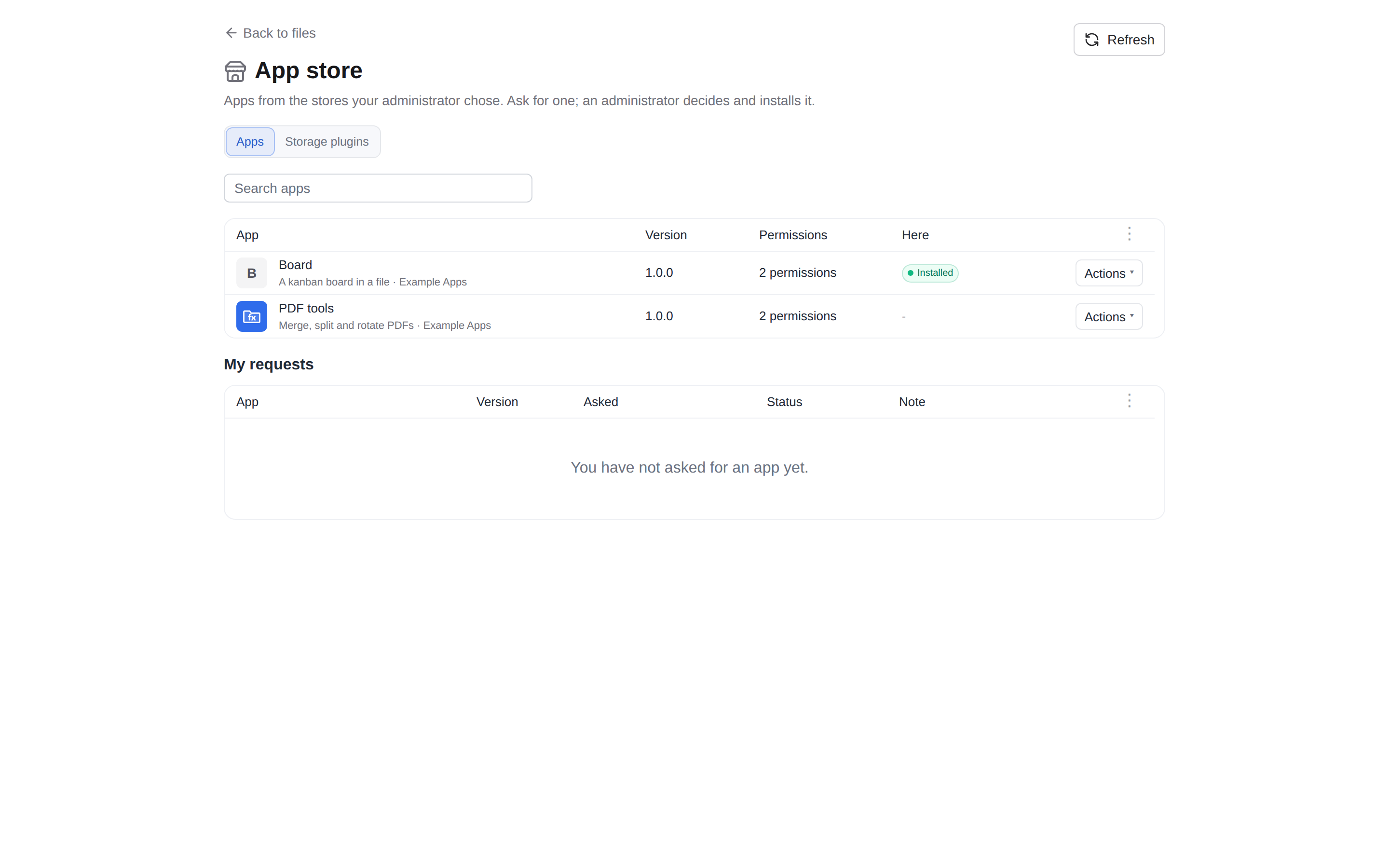 The App store page: a trusted store's catalog as filex verified it, one app installed, one to ask for