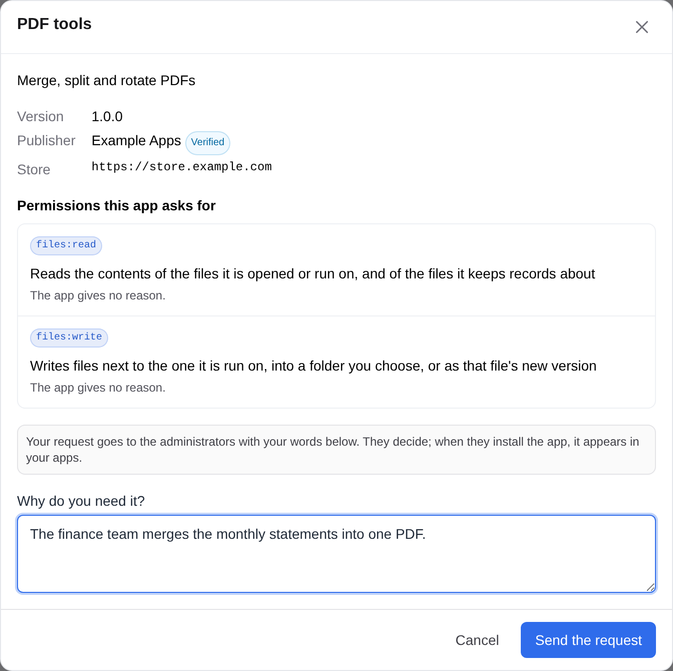 Asking for an app on the store screen, with a reason