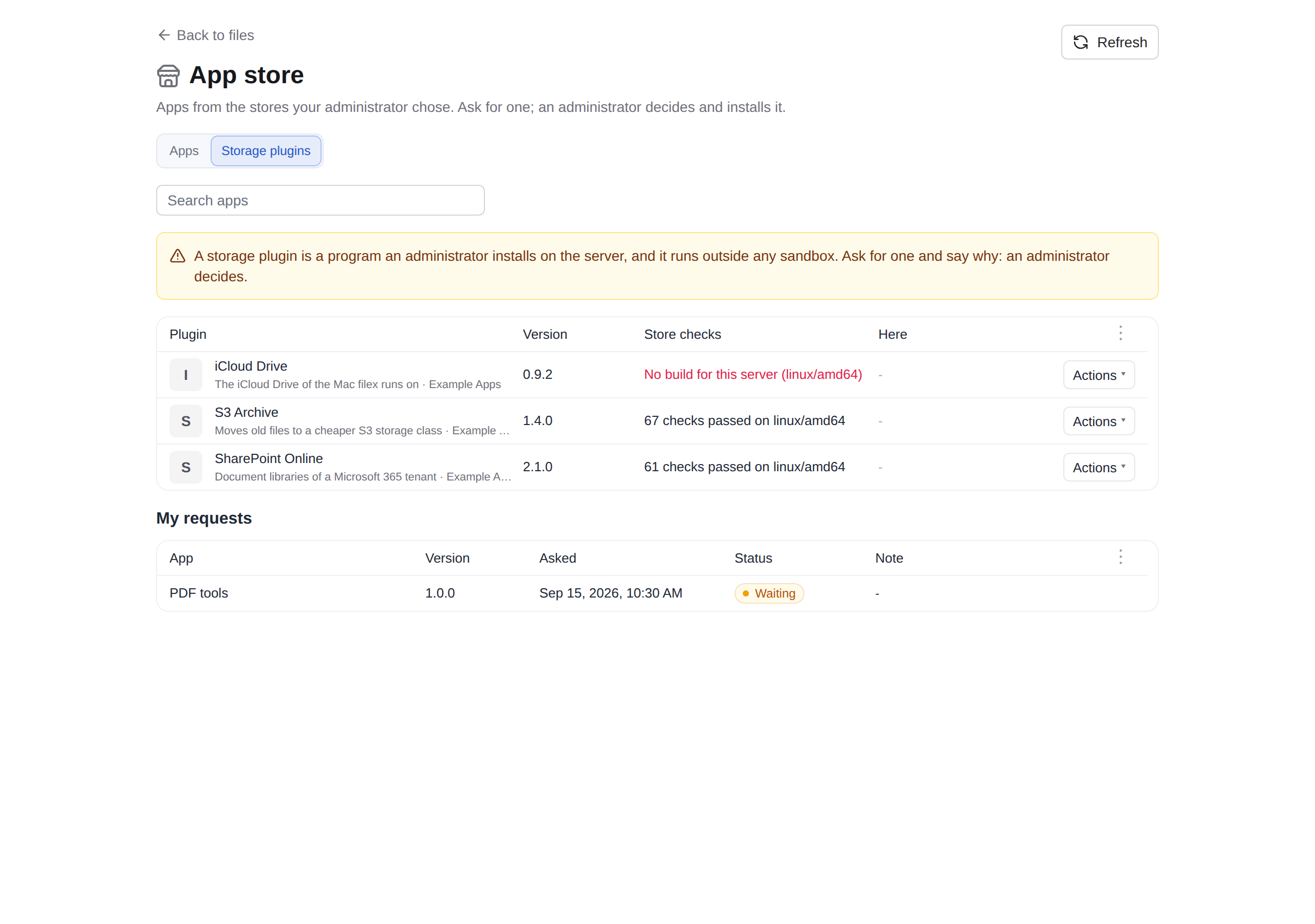 The store screen's Storage plugins tab: the server's note, the Store checks column, a plugin with no build for this server