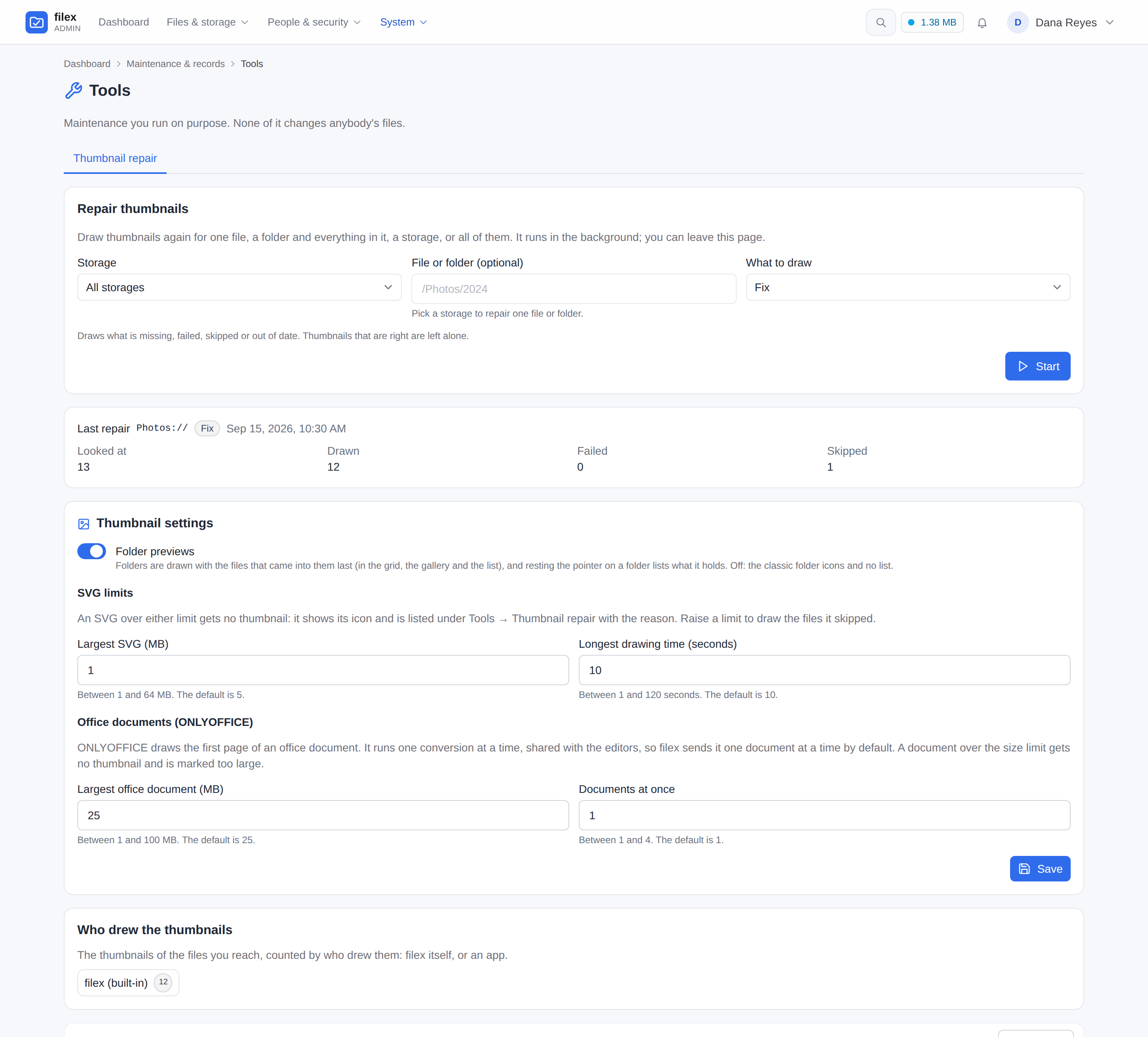Admin → Tools → Thumbnail repair after a Fix run: the counts, the thumbnail settings and the files without a thumbnail, with the reason